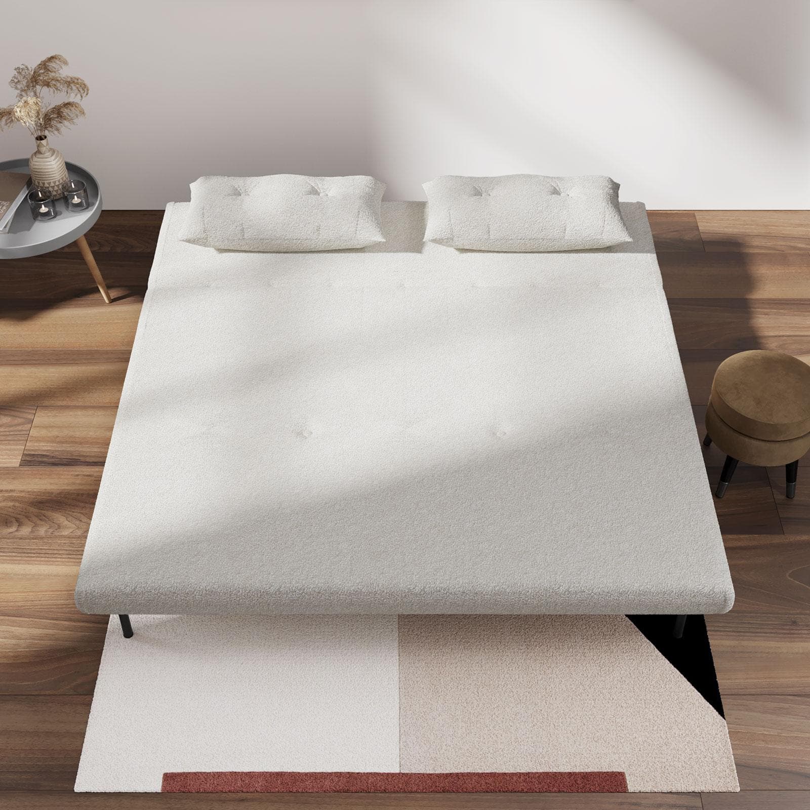 Divano letto 2 posti in tessuto teddy bianco con schienale regolabile in 6 posizioni - Terat