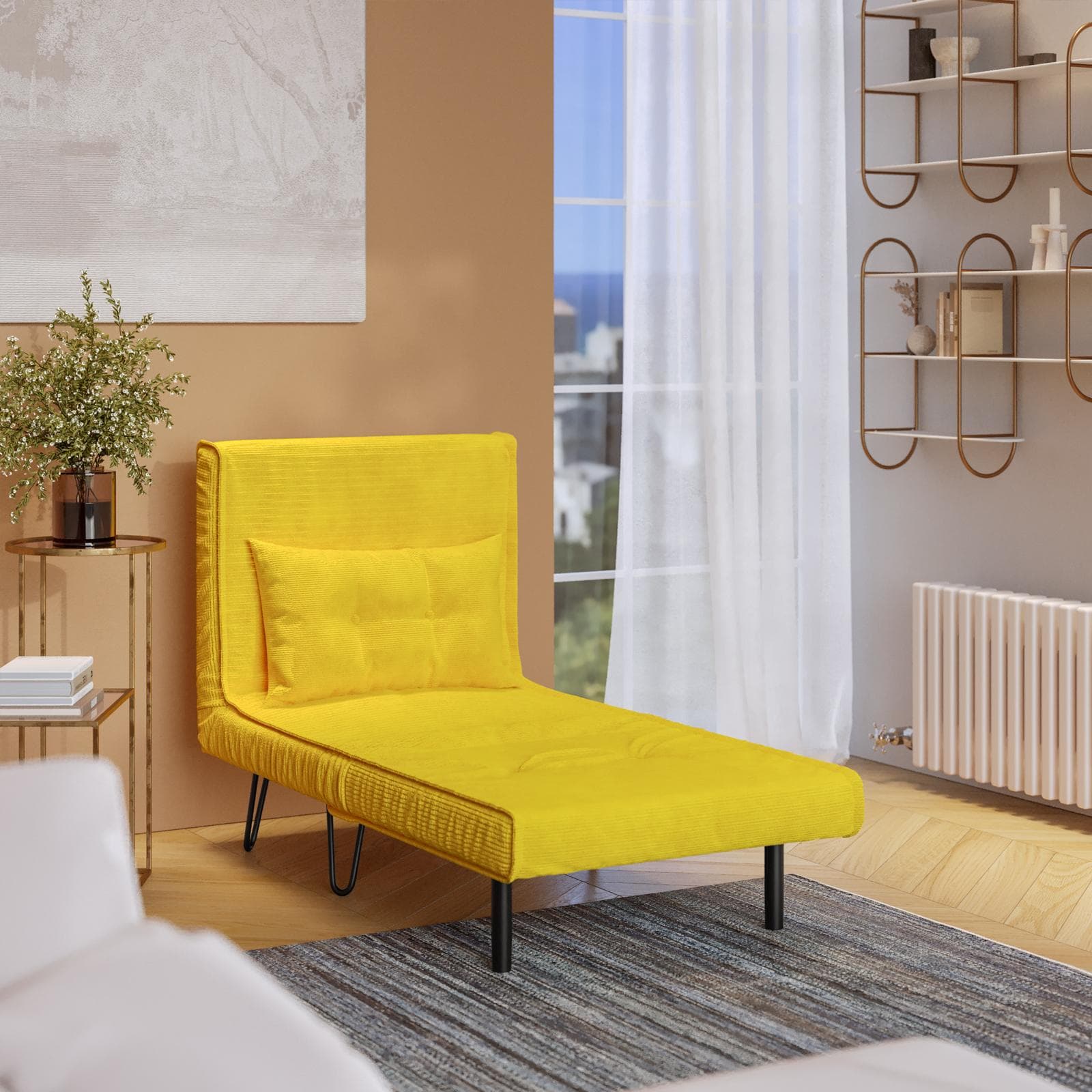 Divano letto in velluto a coste giallo con schienale regolabile e gambe nere - Terat Deluxe