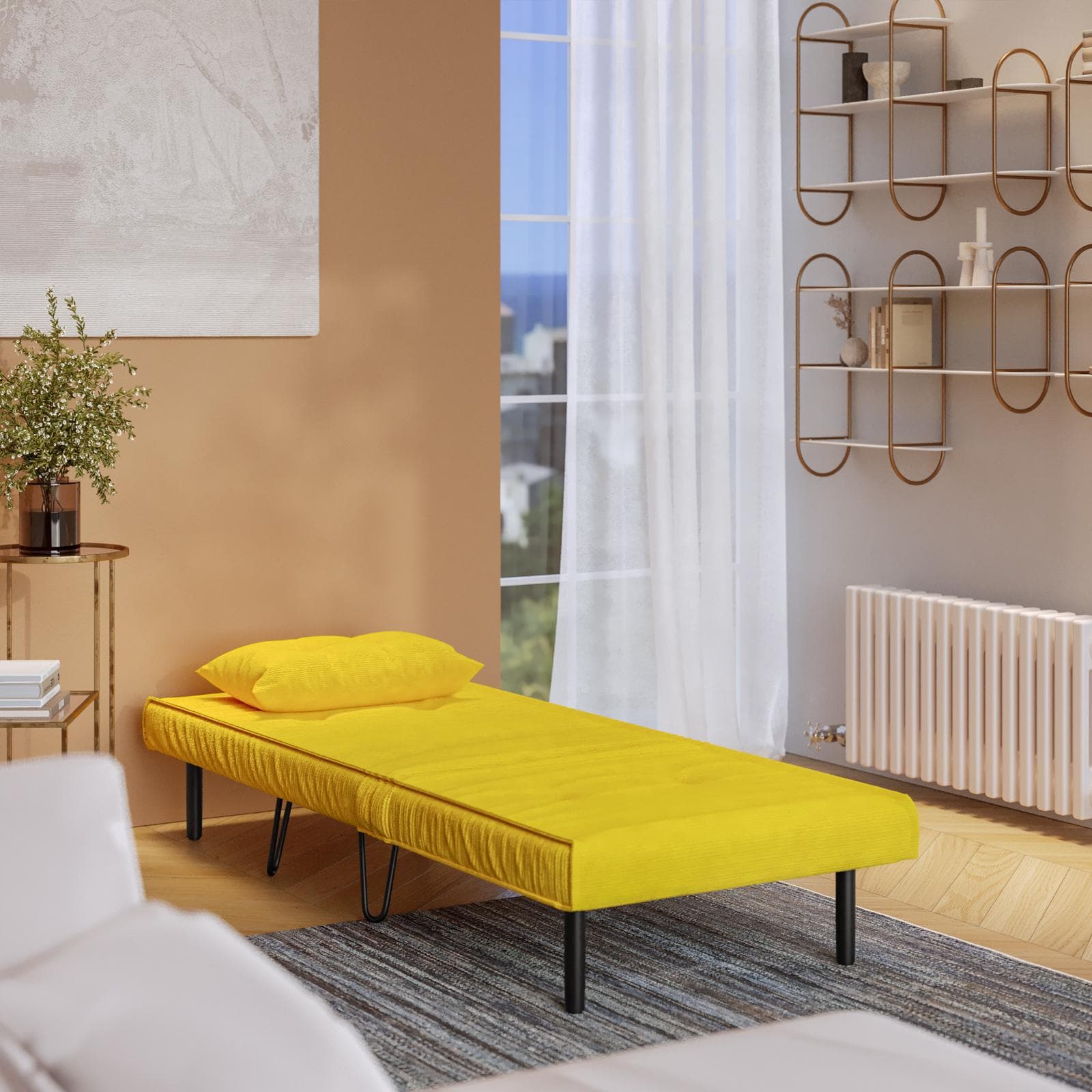 Divano letto in velluto a coste giallo con schienale regolabile e gambe nere - Terat Deluxe