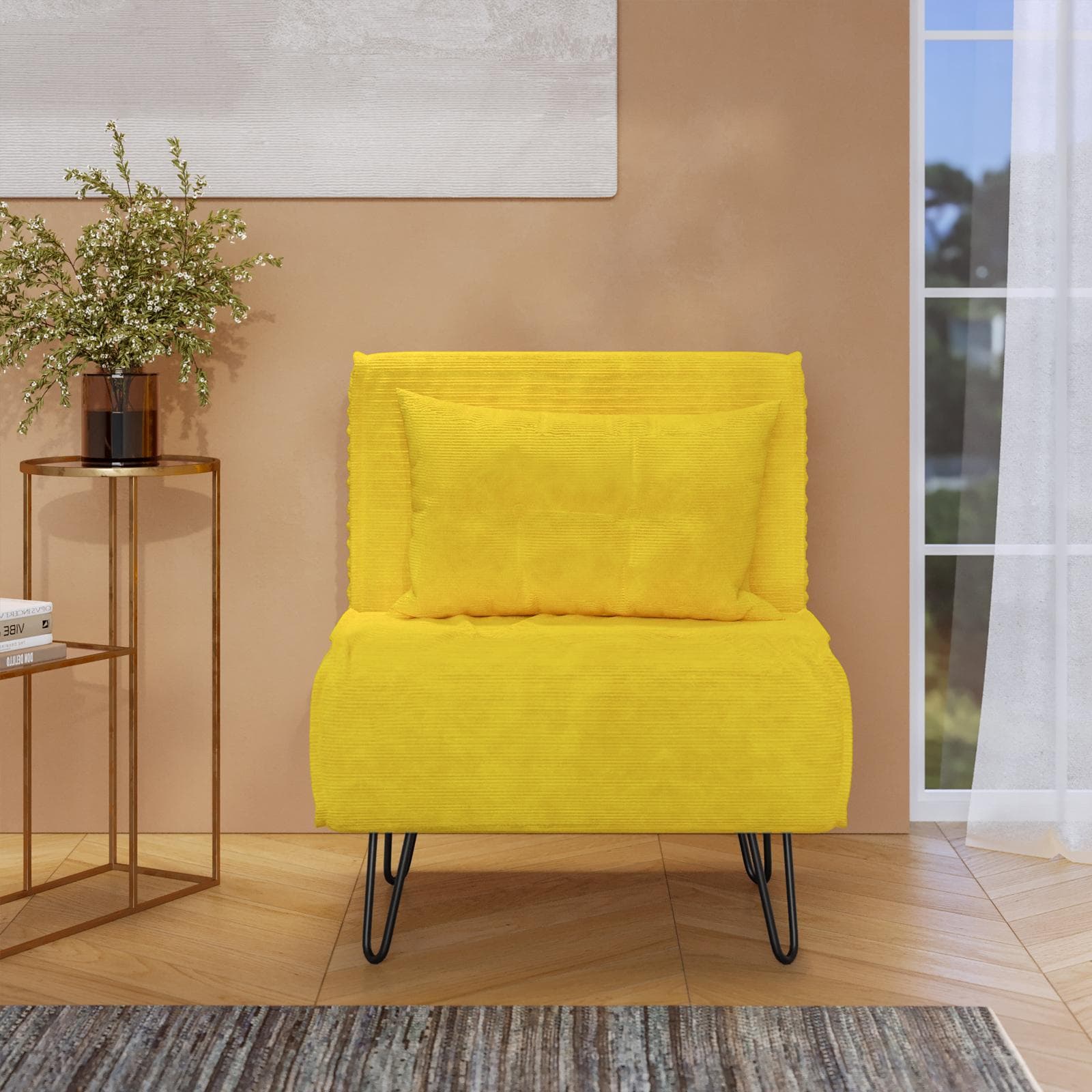 Divano letto in velluto a coste giallo con schienale regolabile e gambe nere - Terat Deluxe