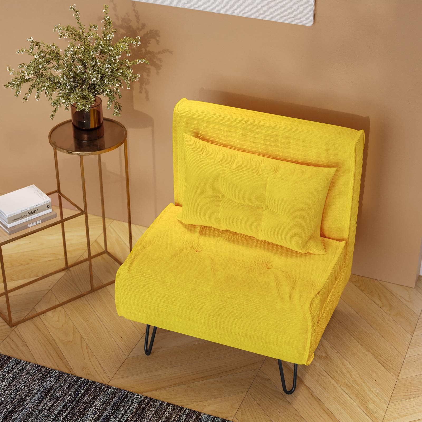 Divano letto in velluto a coste giallo con schienale regolabile e gambe nere - Terat Deluxe