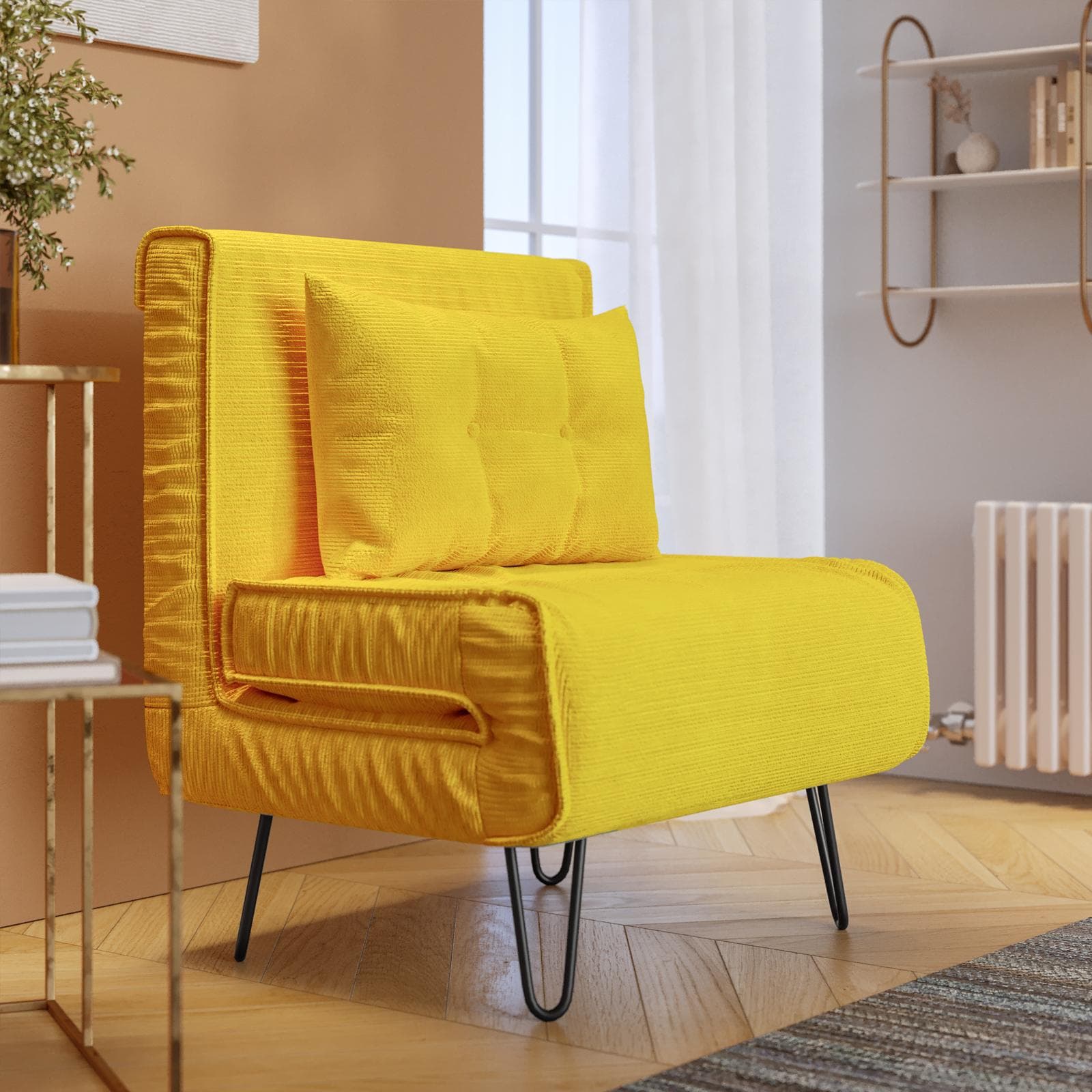 Divano letto in velluto a coste giallo con schienale regolabile e gambe nere - Terat Deluxe