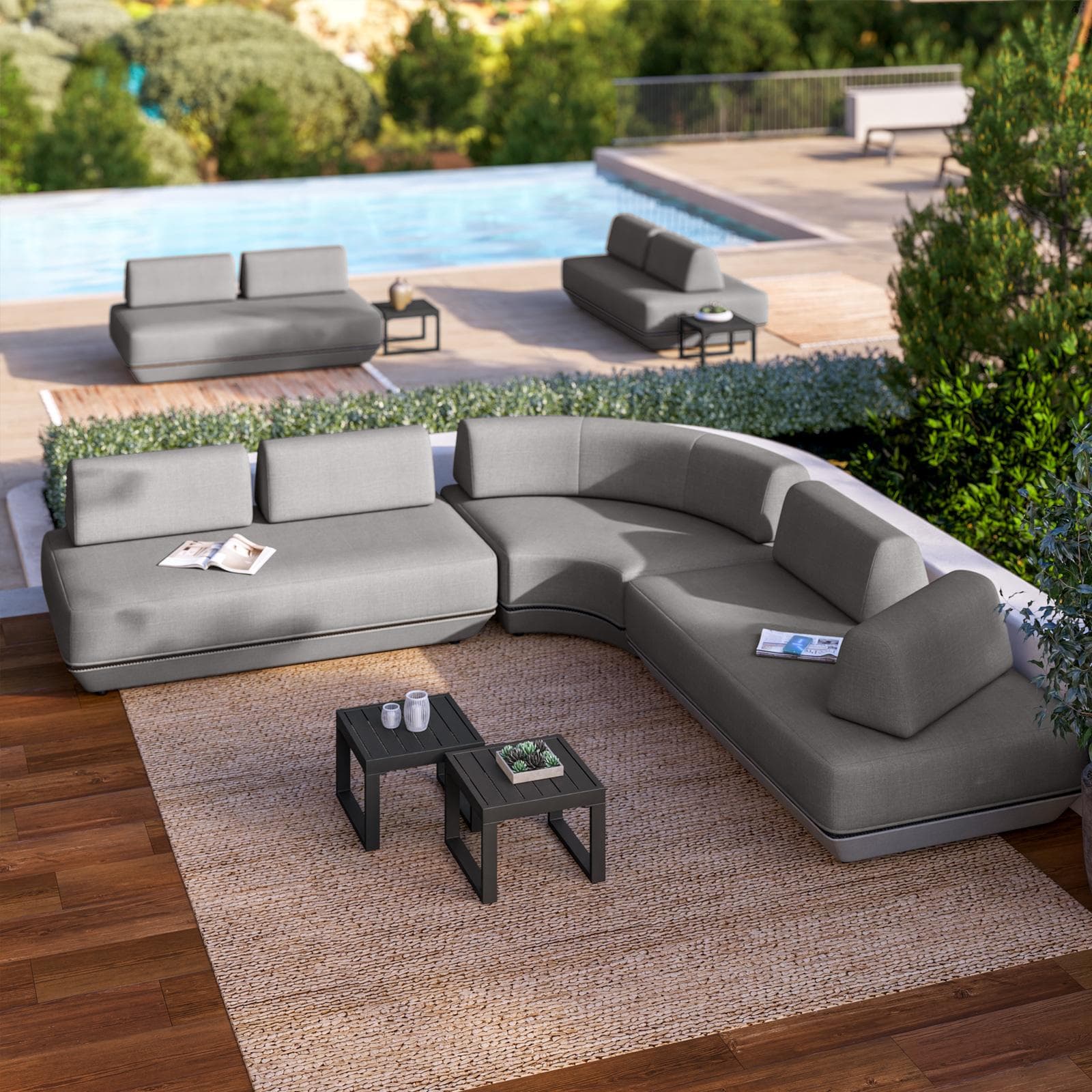 Divano modulare da giardino in tessuto olefin grigio e alluminio antracite - Laela