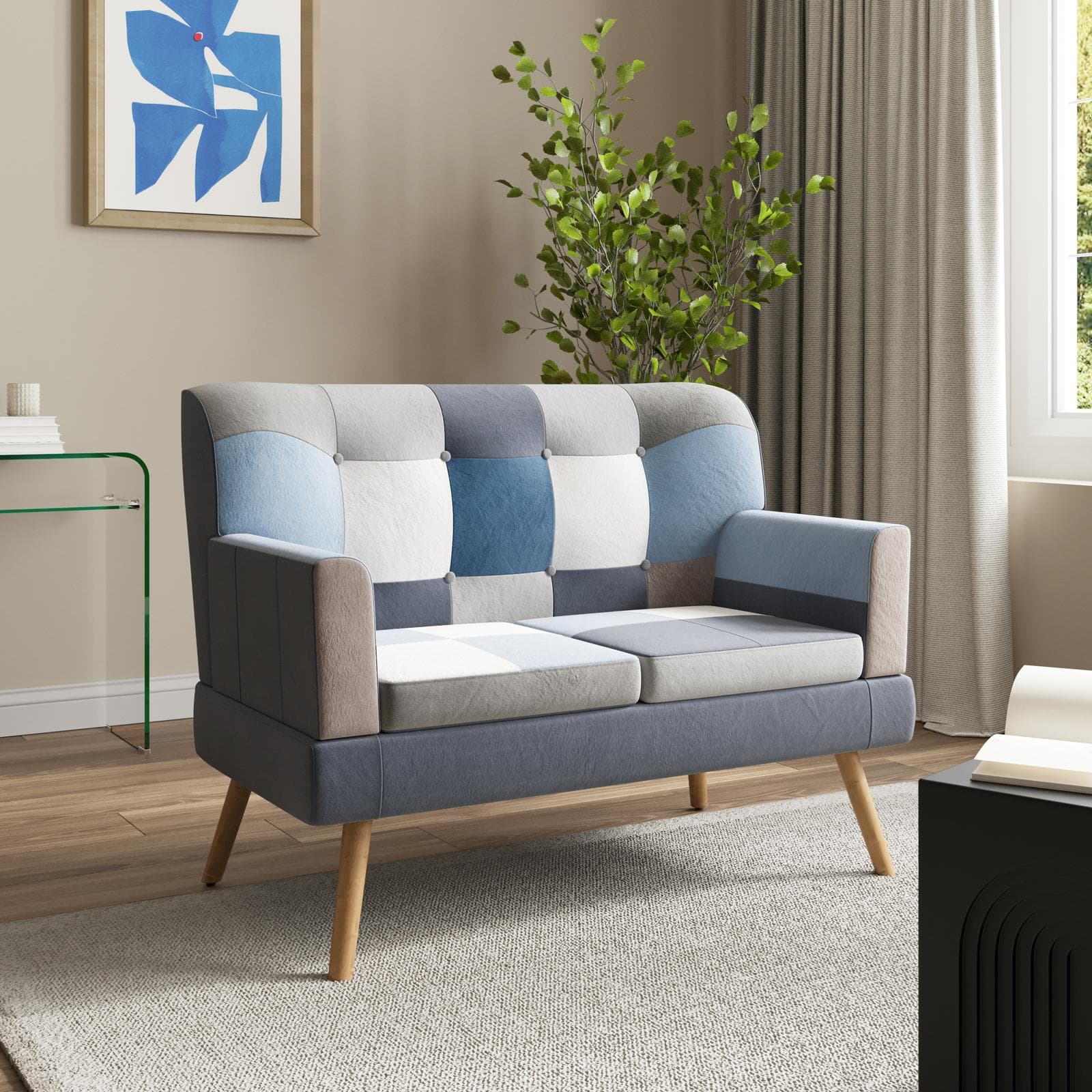 Divano scandinavo 2 posti in tessuto patchwork multicolor blu - Copenaghen