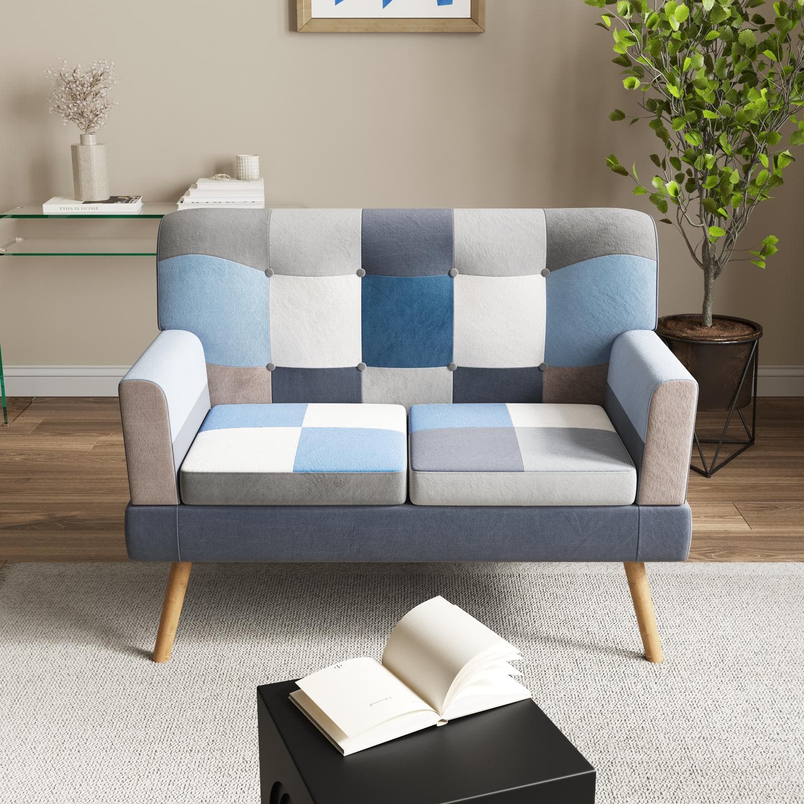 Divano scandinavo 2 posti in tessuto patchwork multicolor blu - Copenaghen