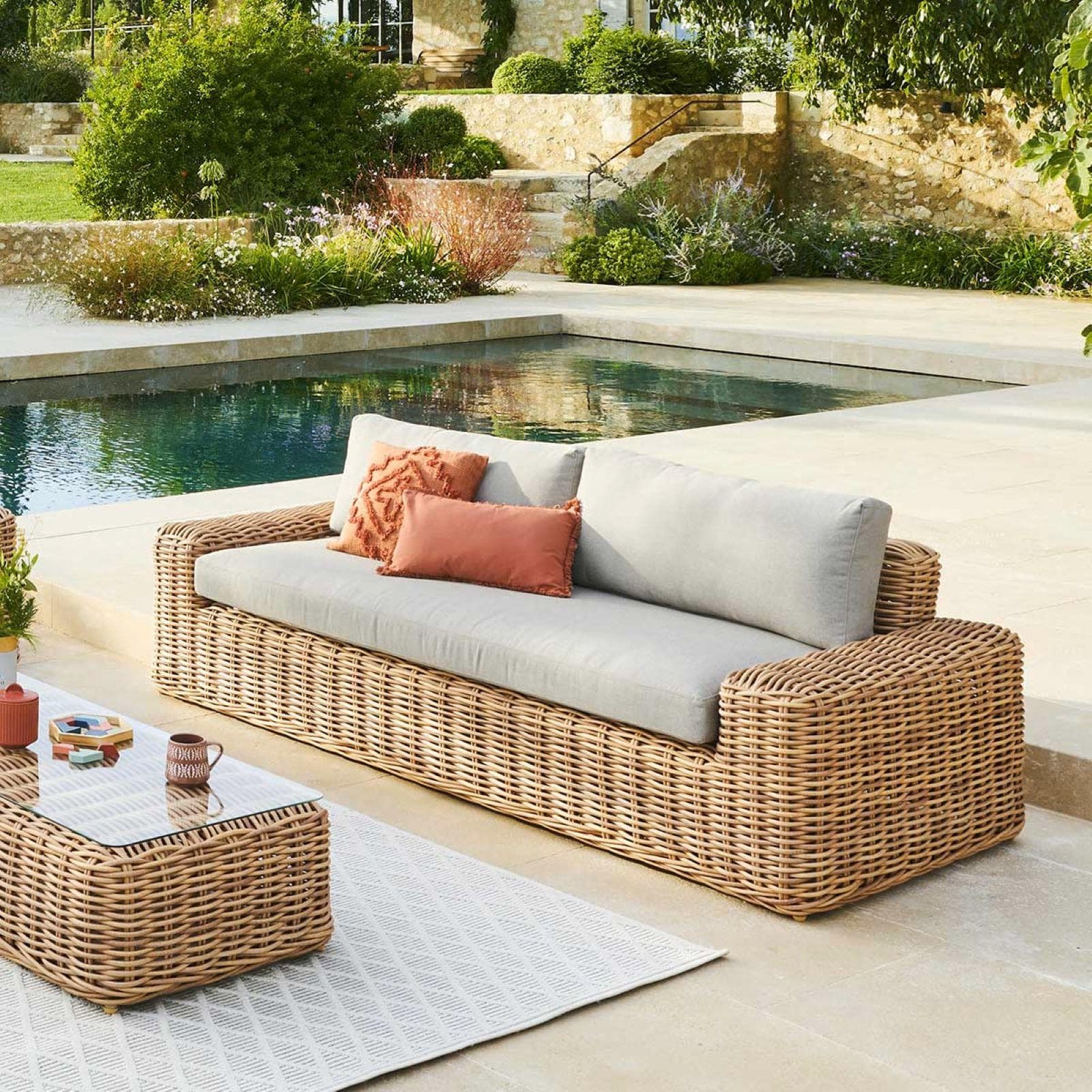 Divano tre posti in polyrattan naturale con cuscino - Savern