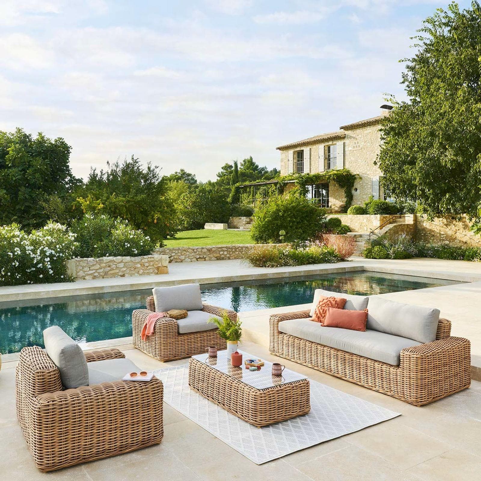 Divano tre posti in polyrattan naturale con cuscino - Savern