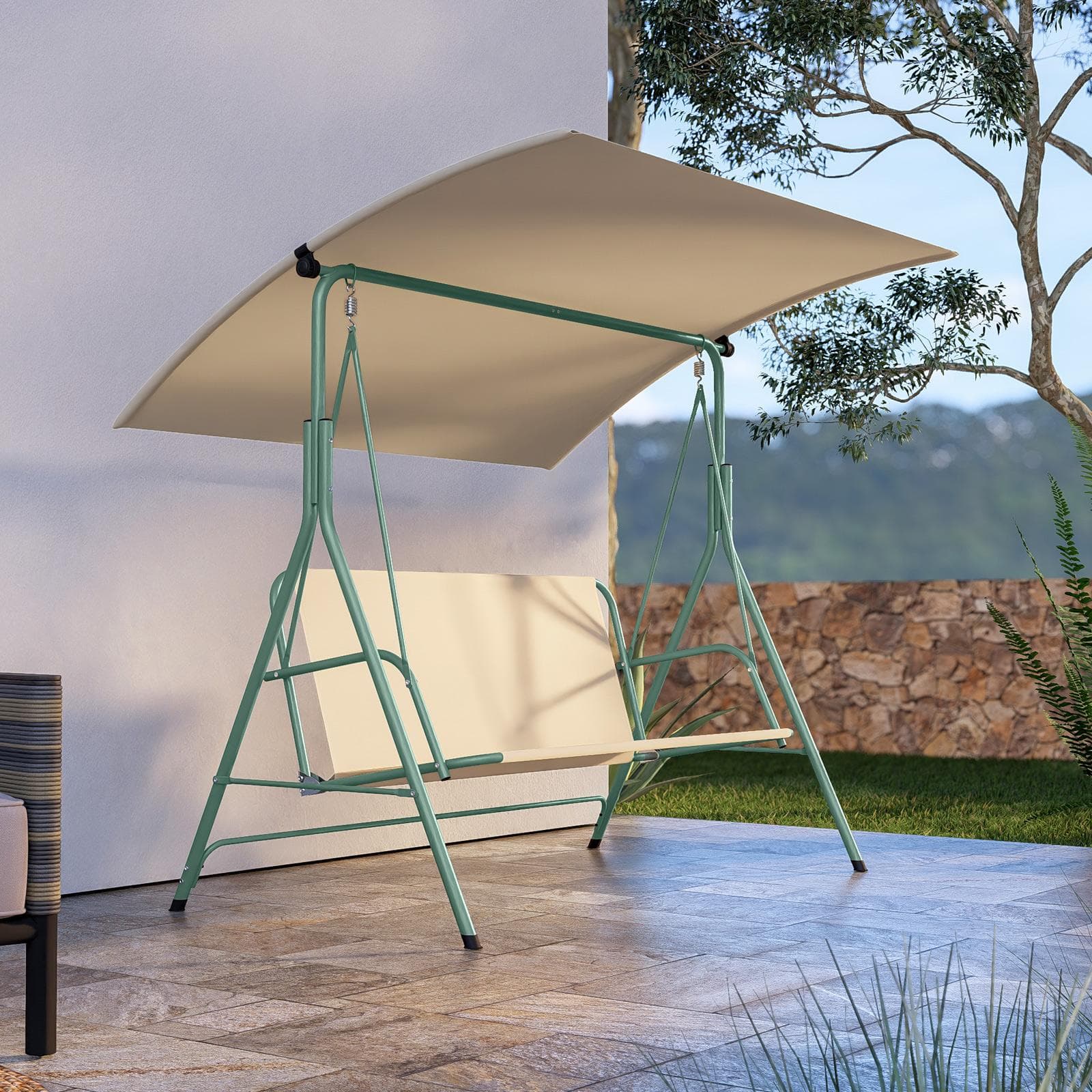 Dondolo da giardino 2 posti in tessuto beige e acciaio verde menta - Astrale