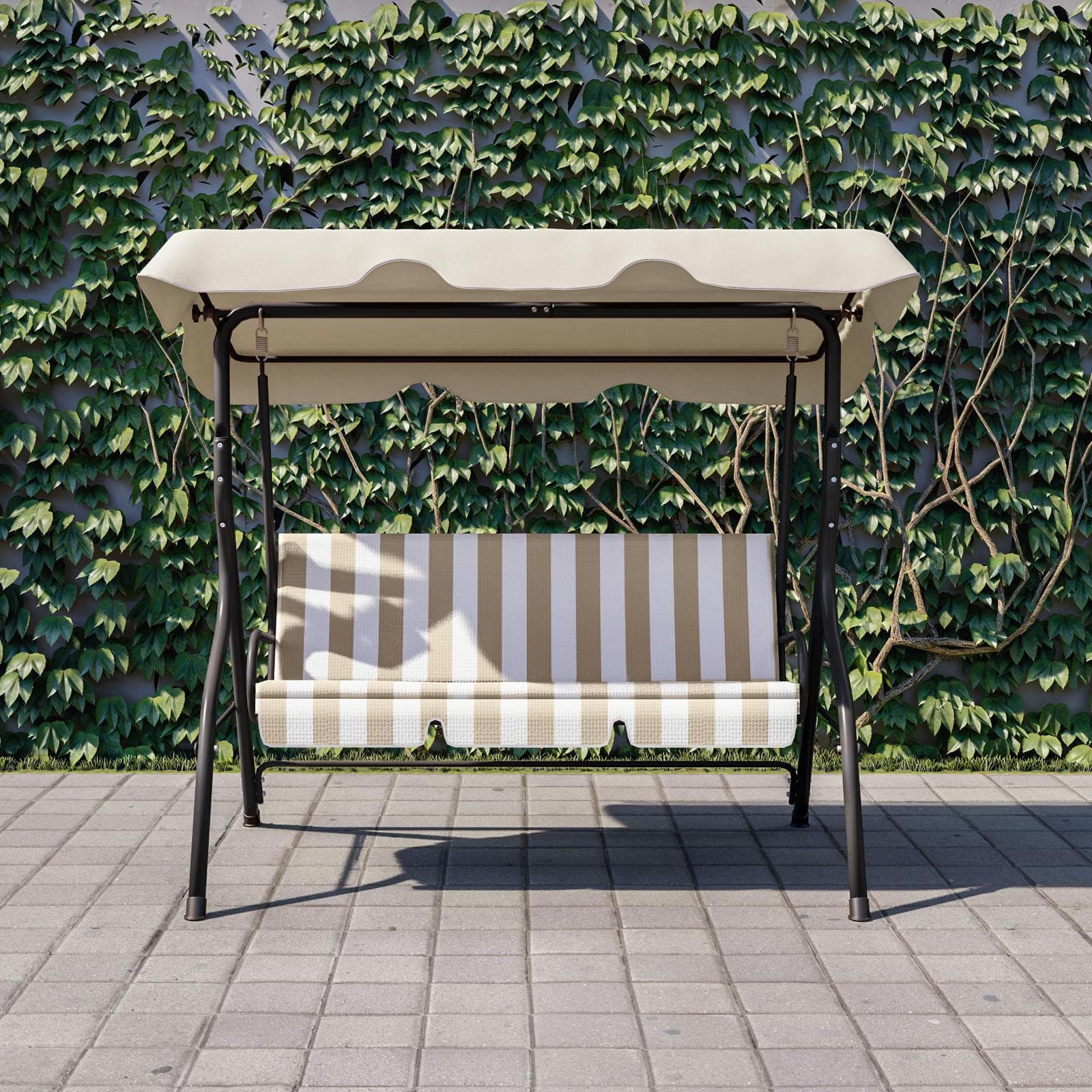 Dondolo da giardino 3 posti in acciaio con seduta imbottita a righe beige e tettuccio