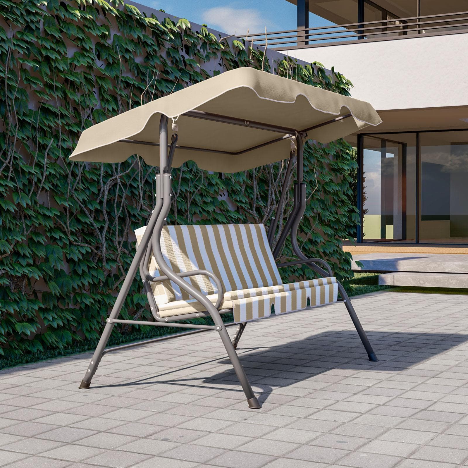 Dondolo da giardino 3 posti in acciaio e poliestere a righe bianco e beige - Libeccio