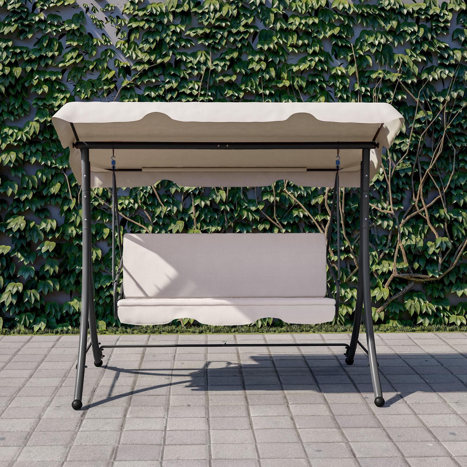 Dondolo da giardino 3 posti in acciaio e poliestere beige con schienale reclinabile