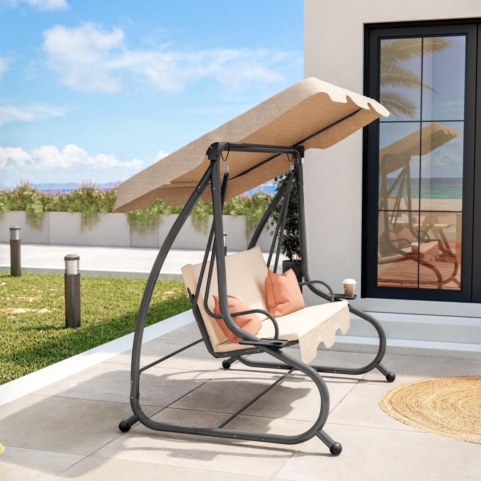 Dondolo da giardino 3 posti in acciaio e tessuto beige imbottito - Aladino