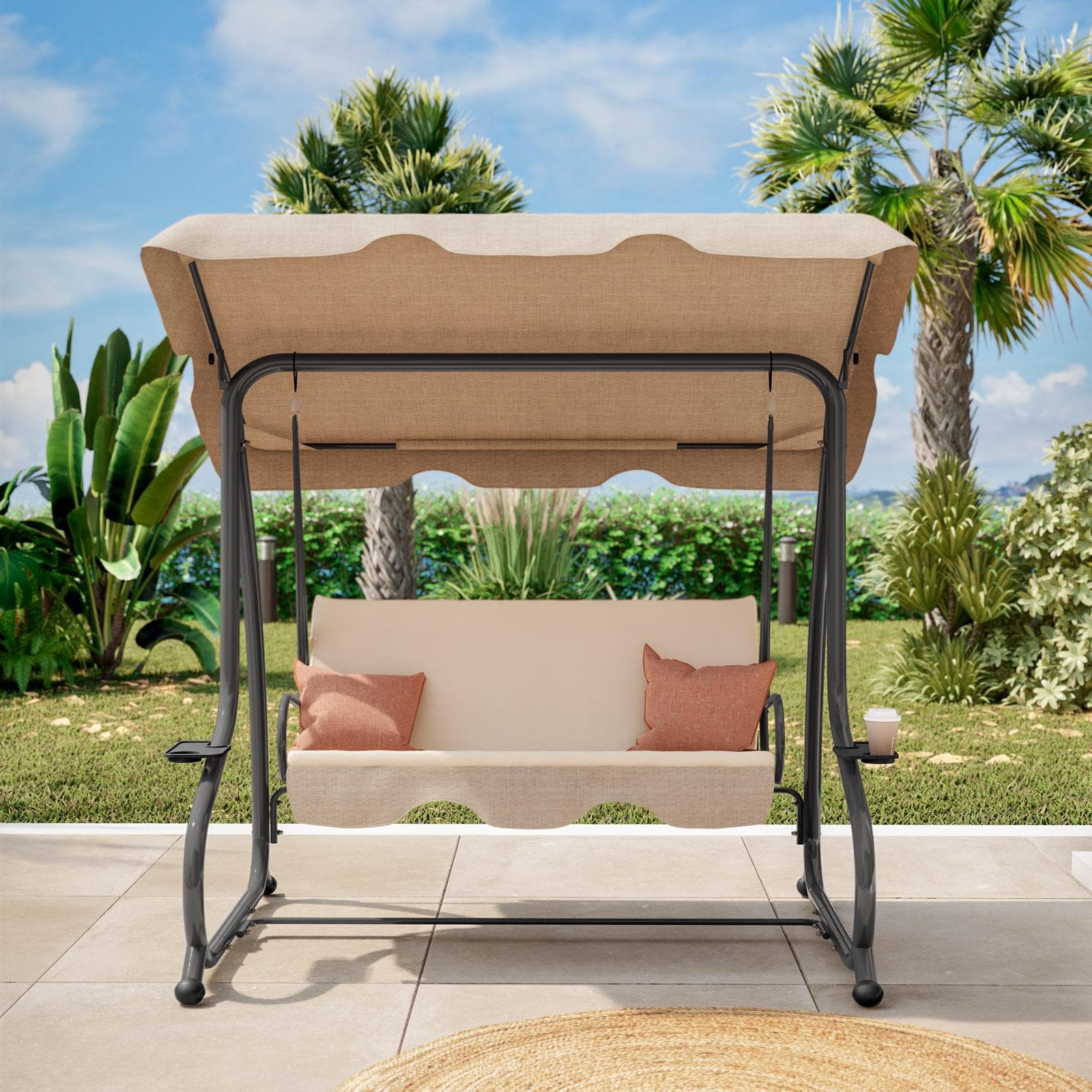 Dondolo da giardino 3 posti in acciaio e tessuto beige imbottito - Aladino