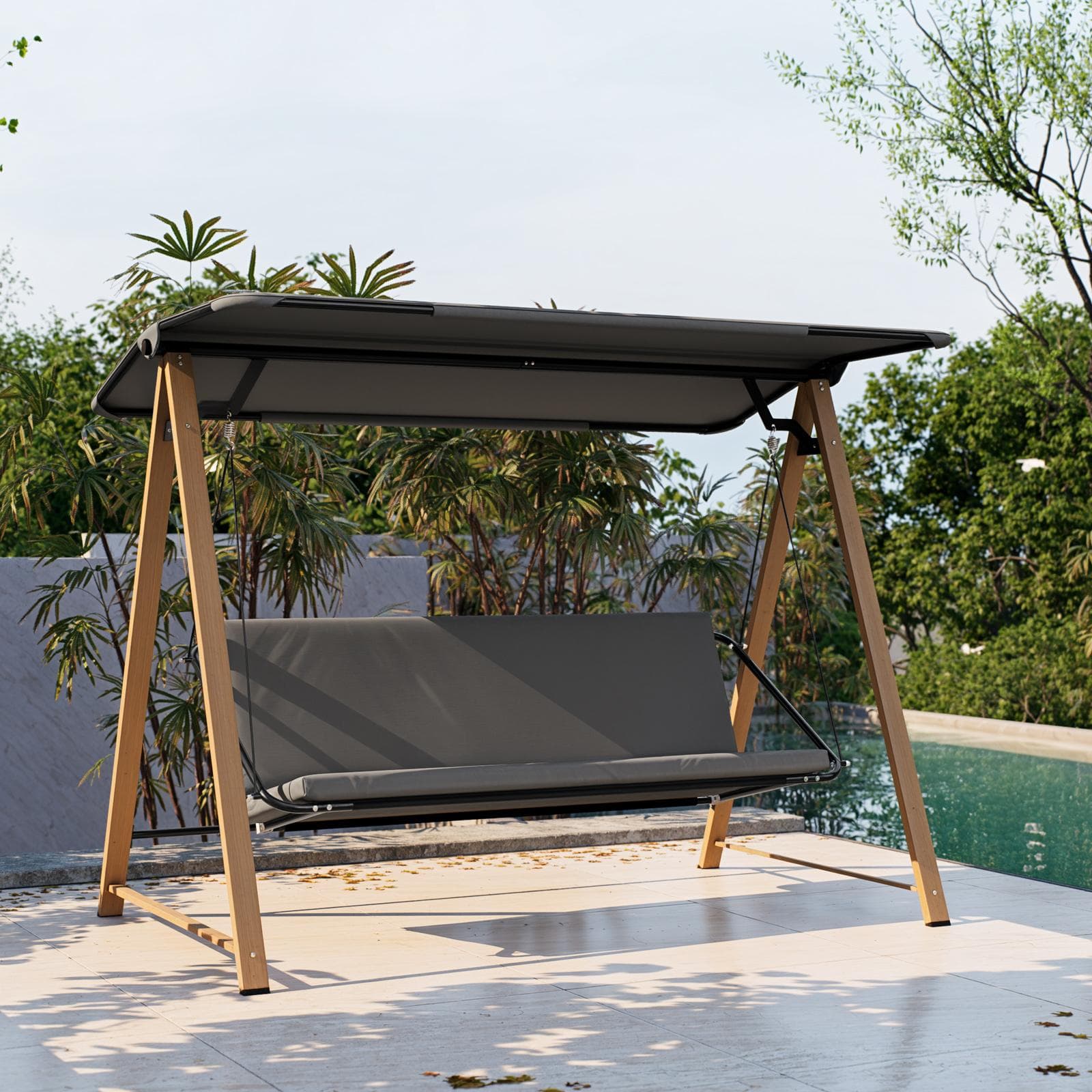 Dondolo da giardino 3 posti struttura effetto legno e seduta in textilene grigio - Basco