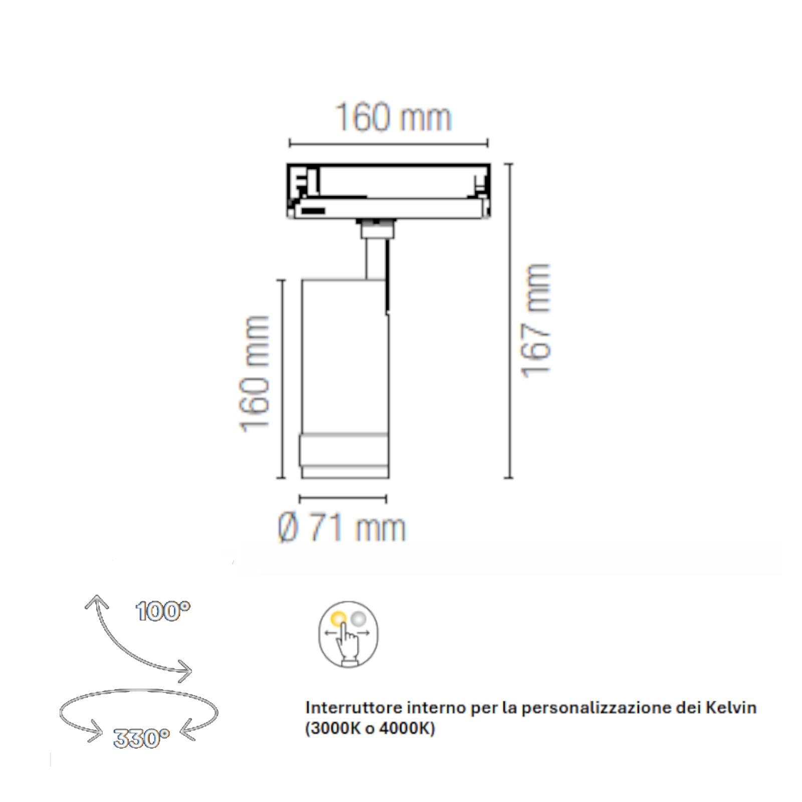 Faro 16x16 cm per binario trifase in alluminio bianco opaco con angolo luce regolabile - Radius