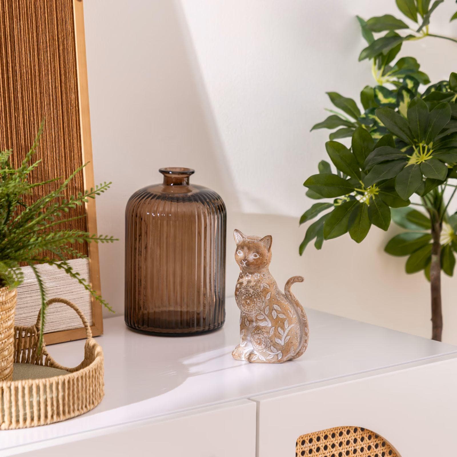 Figura decorativa 19h cm a forma di gatto effetto terracotta decorata