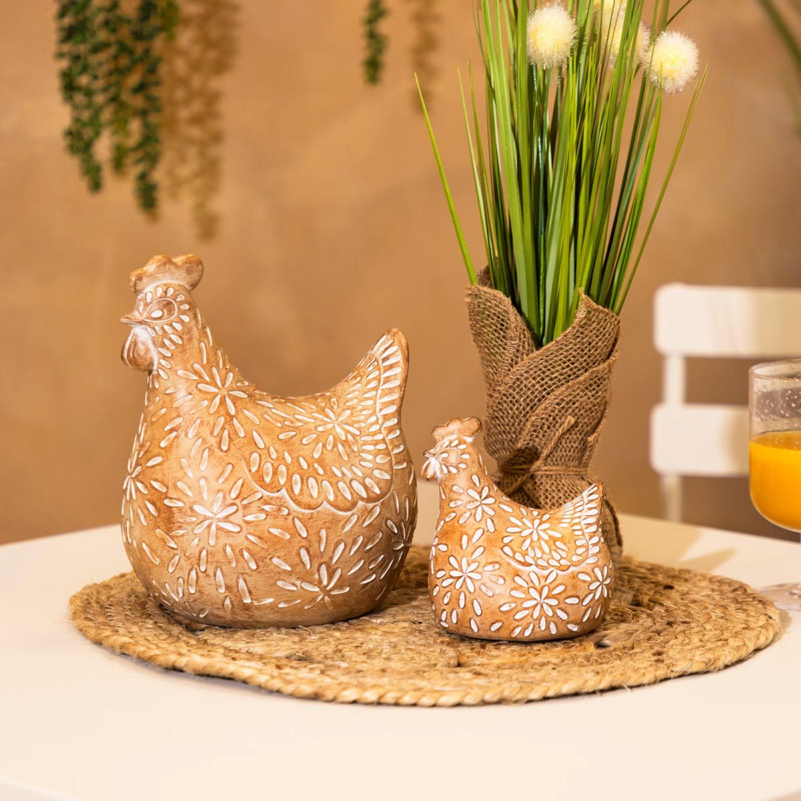 Figura decorativa 20h cm a forma di gallina effetto terracotta decorata