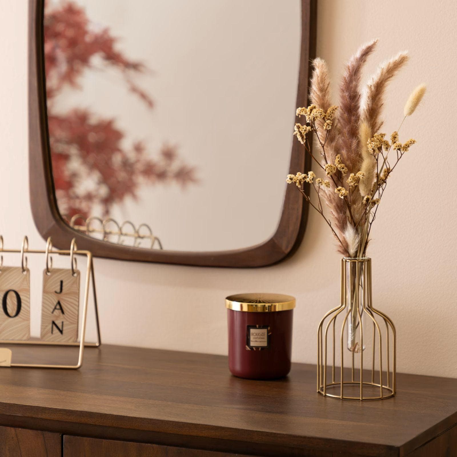 Fiori e piante secche 40h cm con vaso in acciaio oro