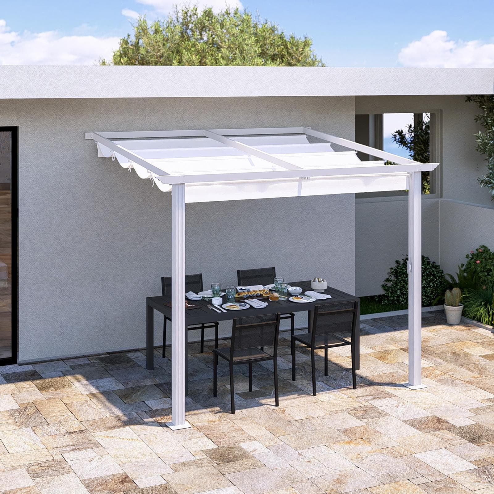 Gazebo pergola 3x2,5 m in alluminio bianco con tetto scorrevole - Norris