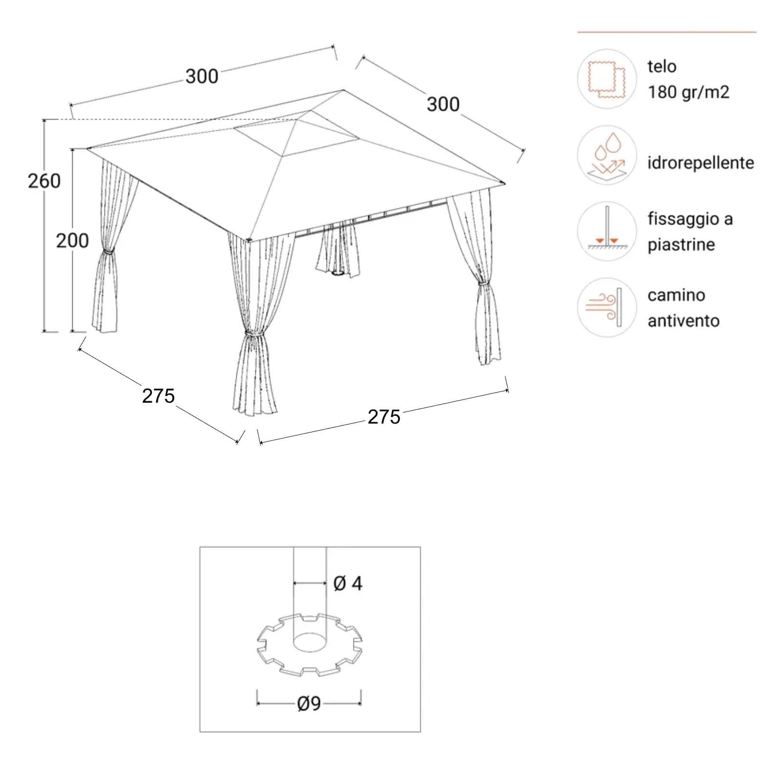 Gazebo 3x3 m con tende laterali richiudibili - Easy