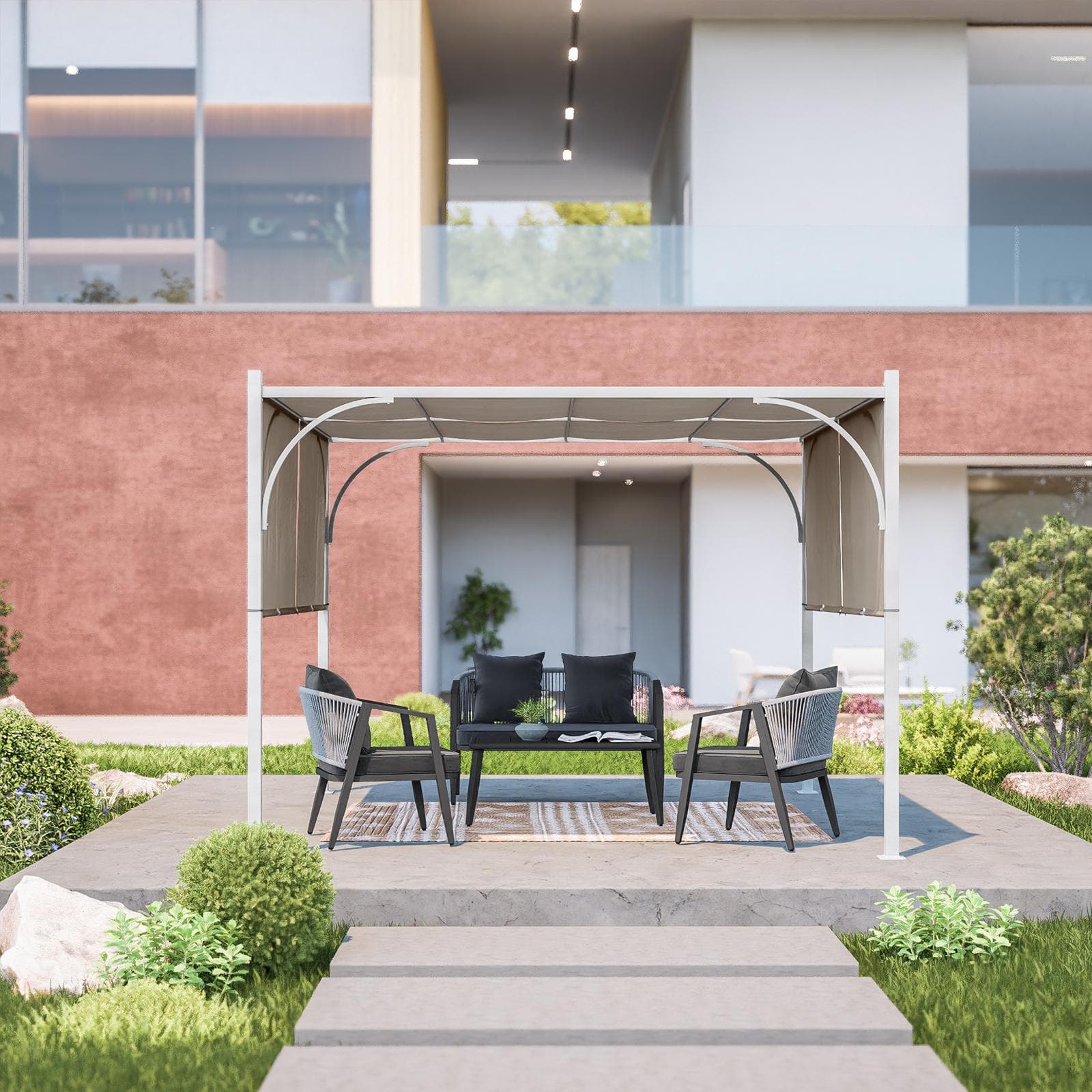 Gazebo 3x3 m con tetto scorrevole ecrù e struttura bianca - Edvige