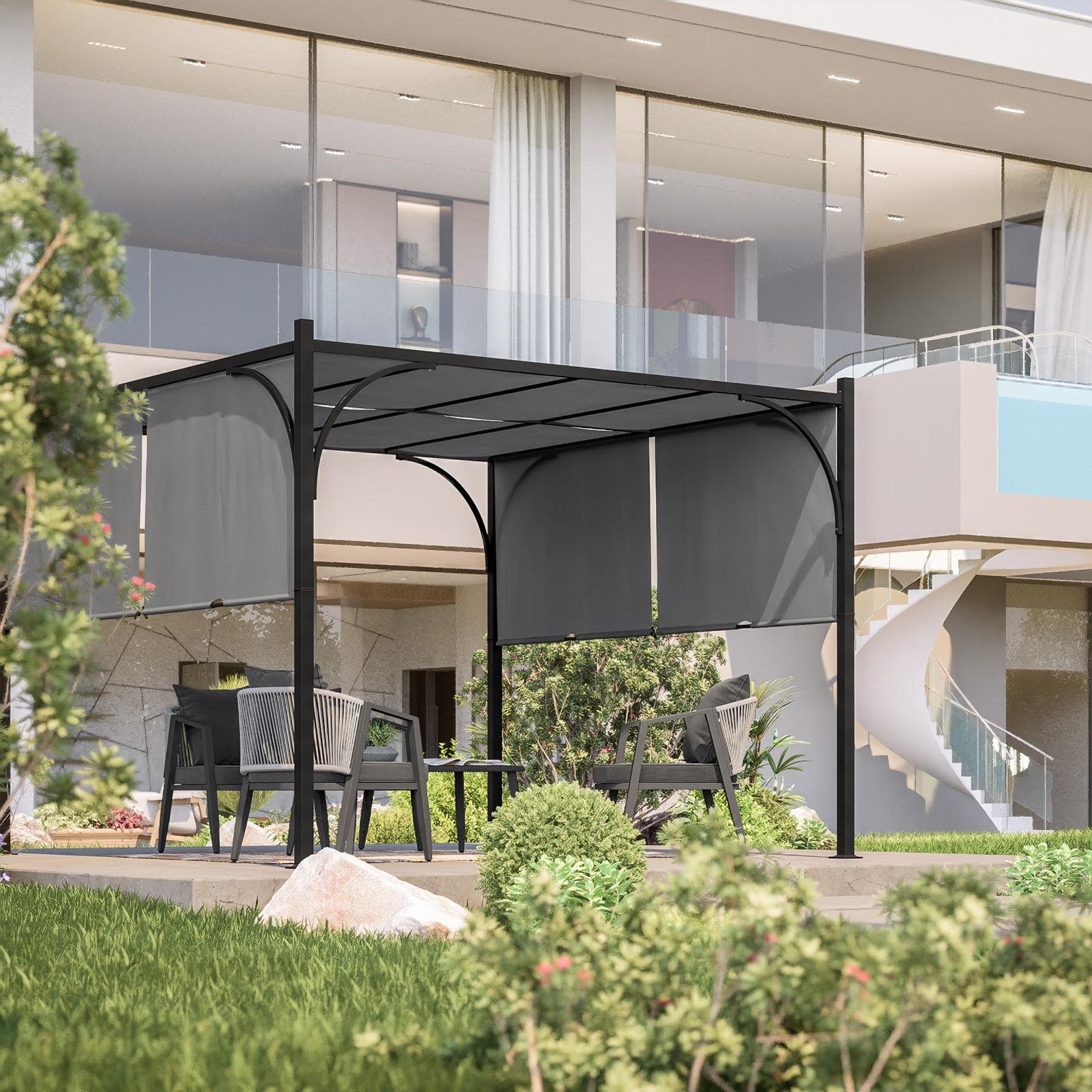 Gazebo 3x3 m tetto scorrevole grigio e struttura antracite - Edvige