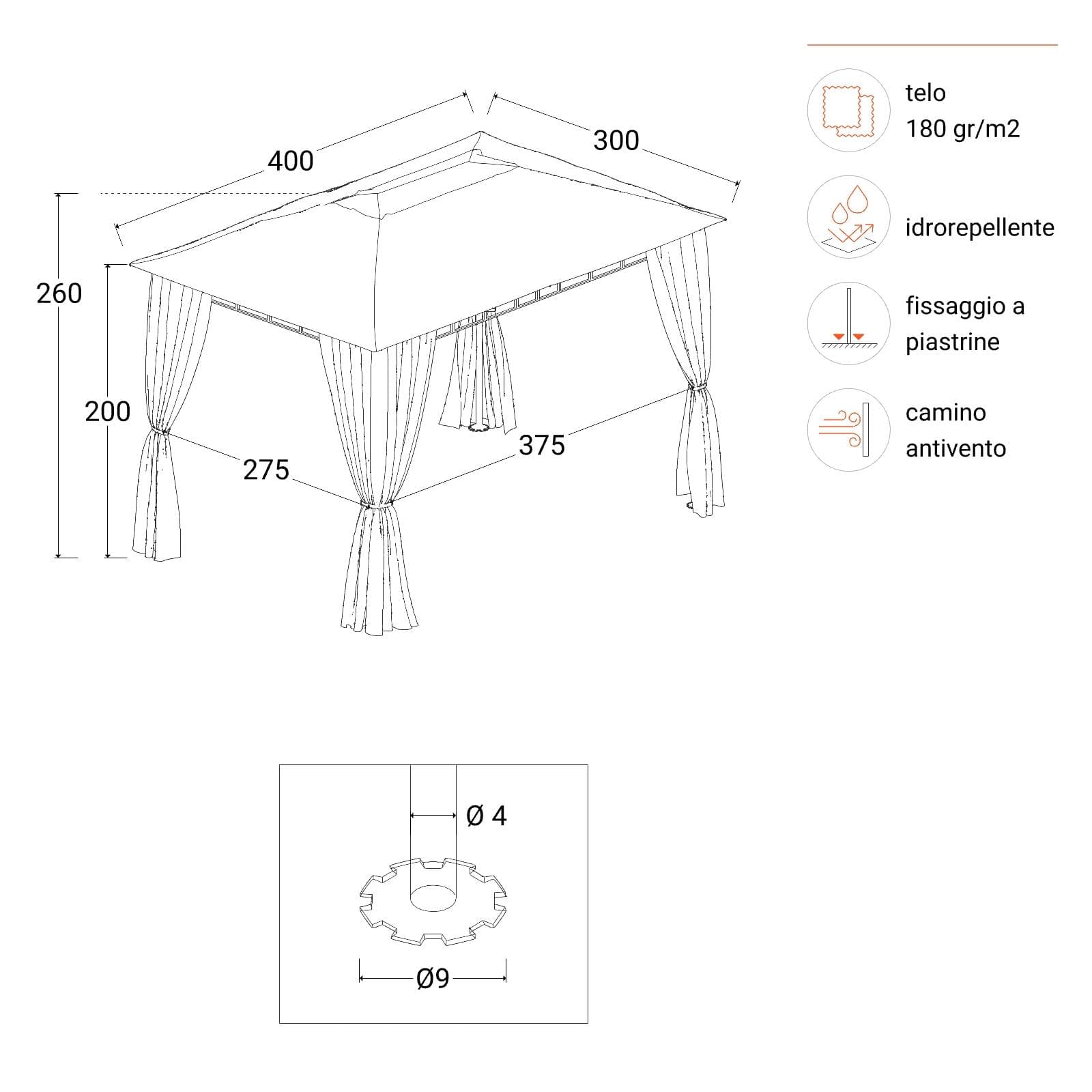 Gazebo 3x4 m con tende laterali richiudibili - Easy