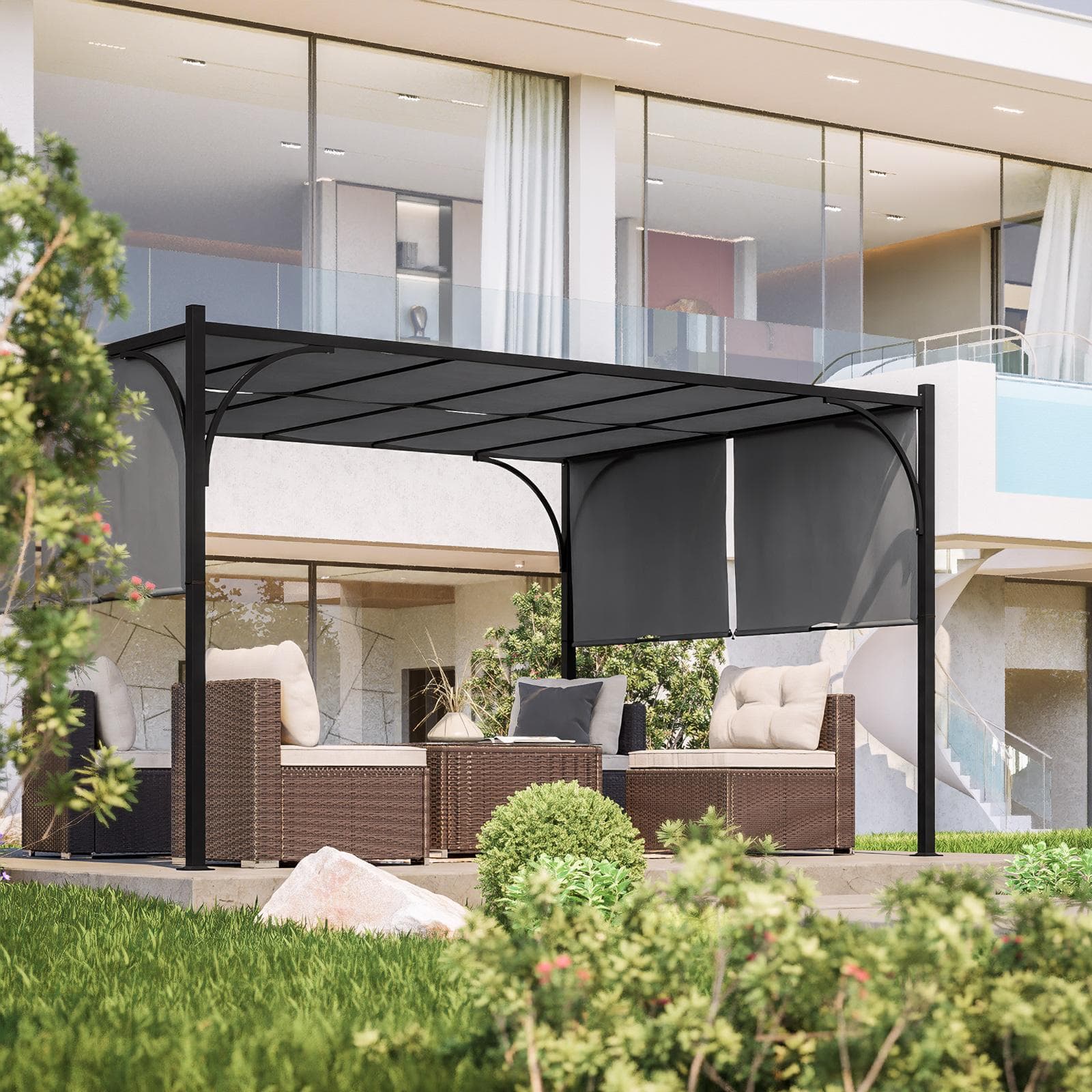 Gazebo 3x4 m tetto scorrevole grigio e struttura antracite - Edvige