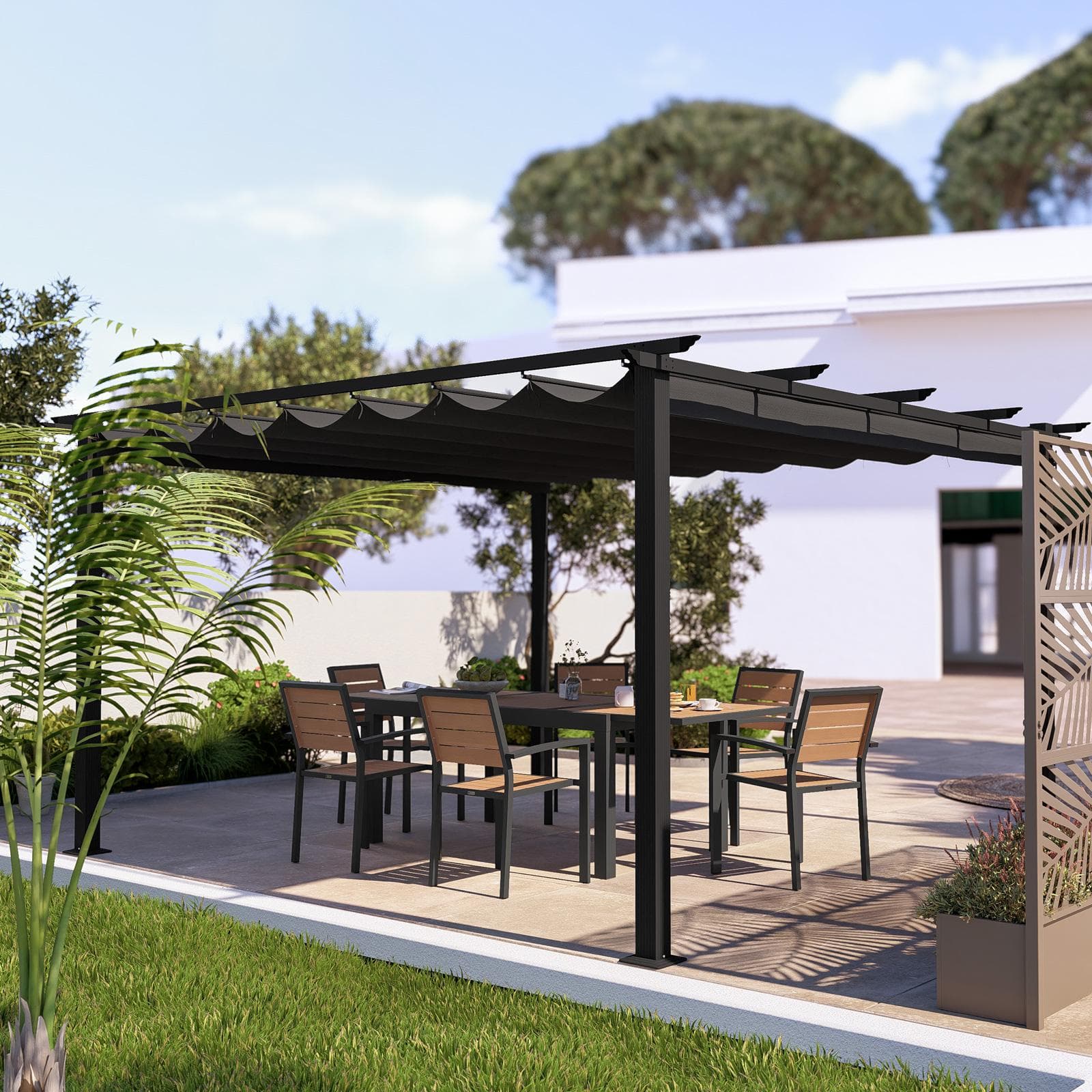 Gazebo 4x4 m in alluminio antracite con tetto scorrevole - Norris
