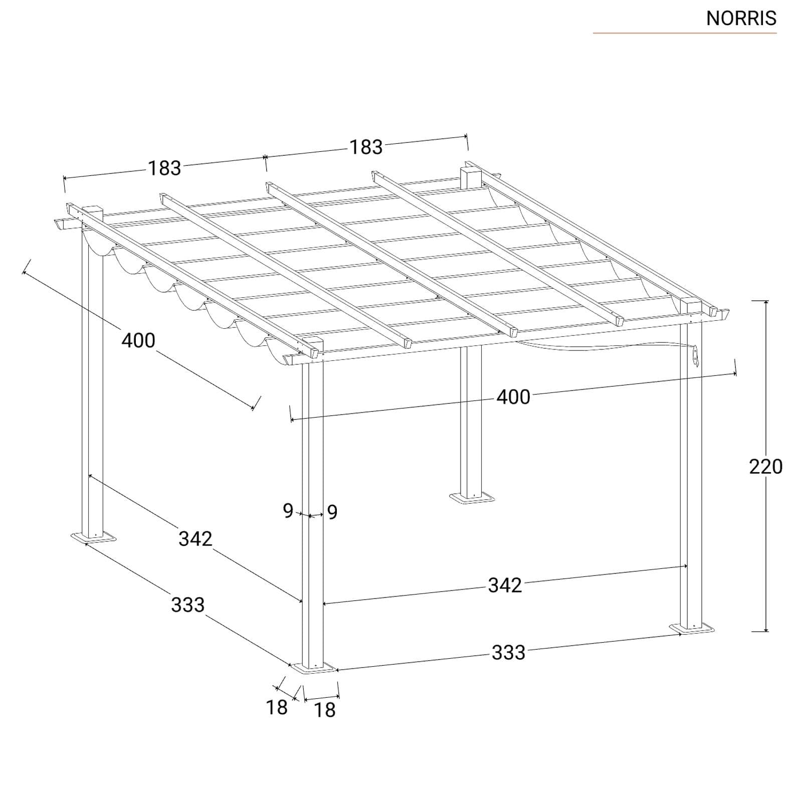 Gazebo 4x4 m in alluminio antracite con tetto scorrevole - Norris