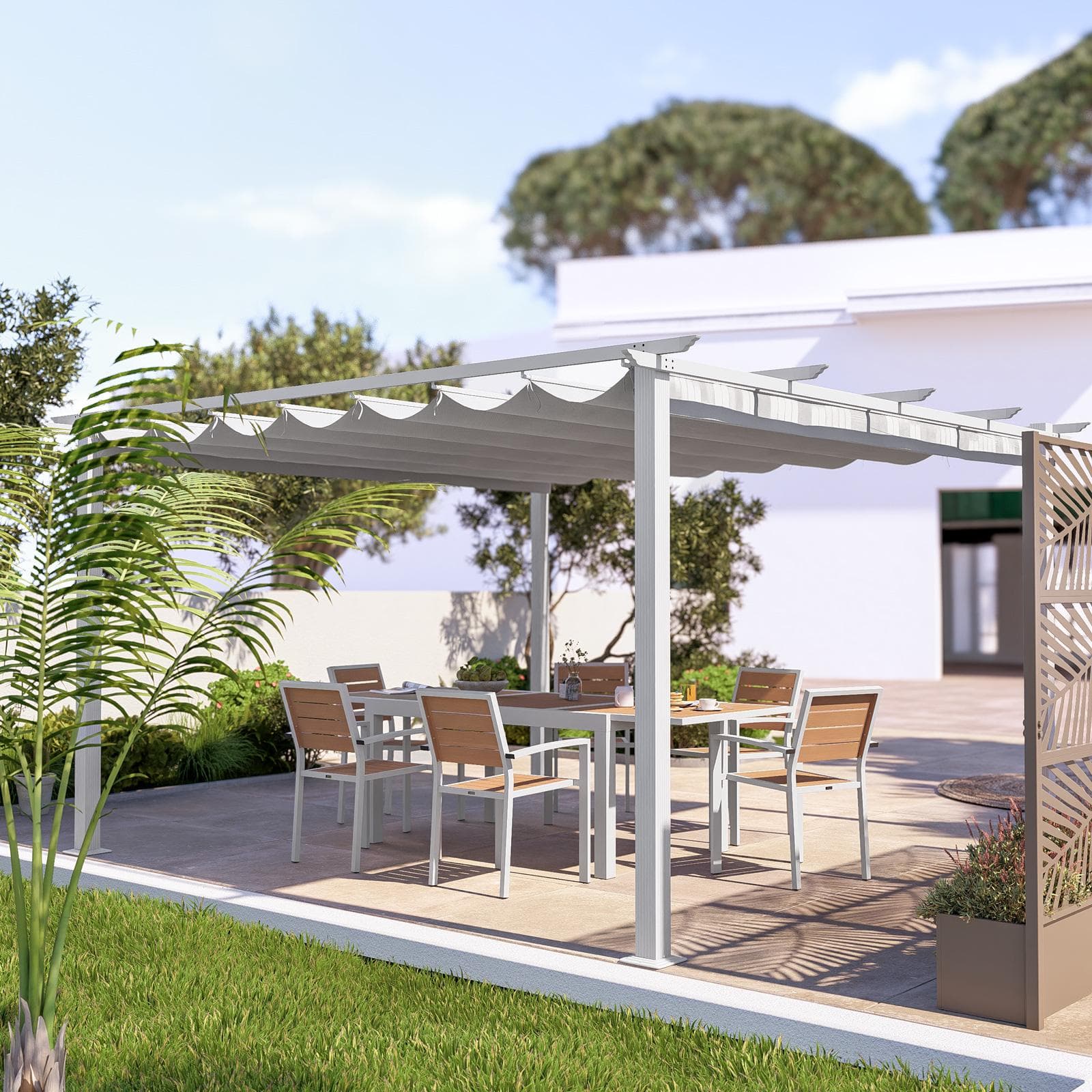Gazebo 4x4 m in alluminio bianco con tetto scorrevole - Norris