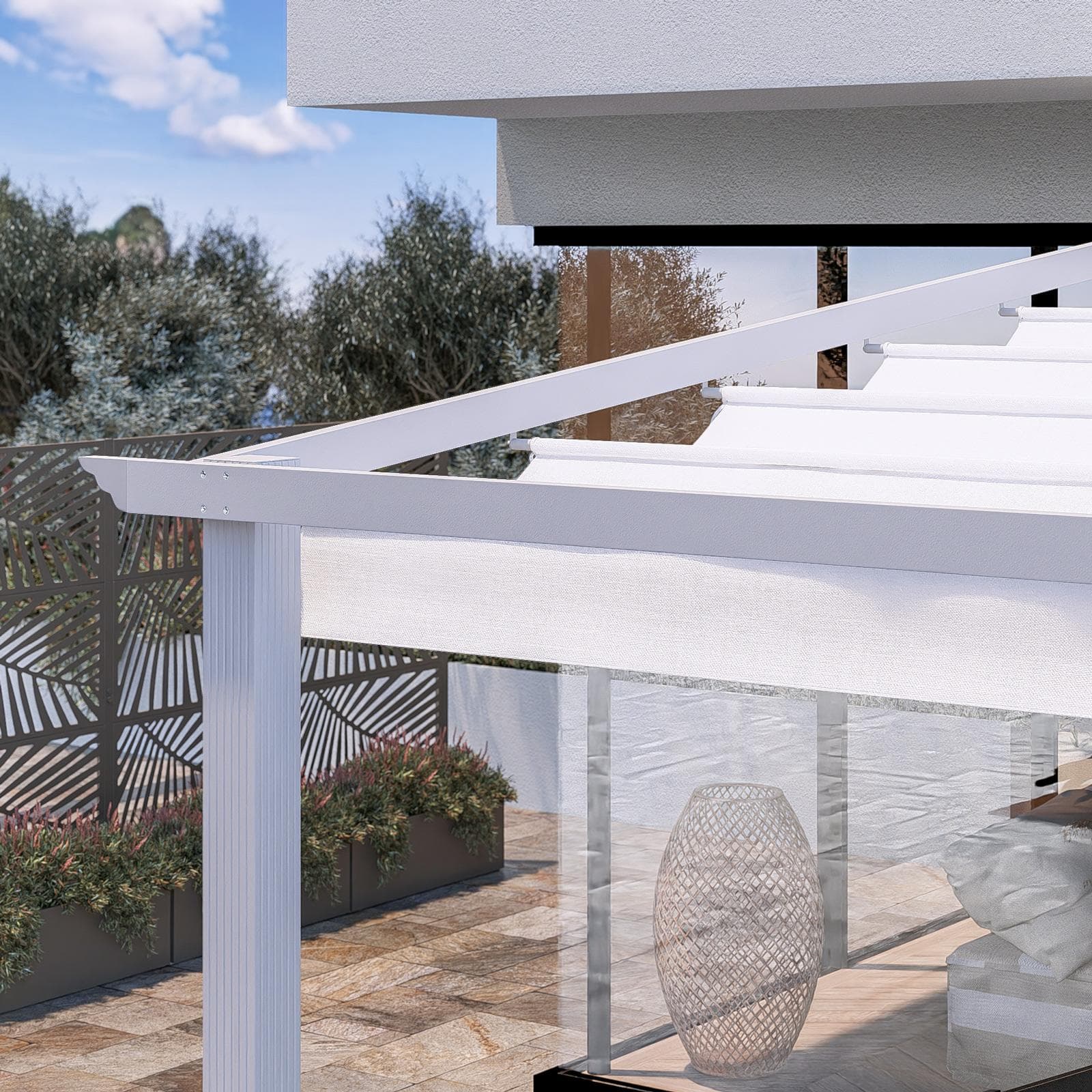 Gazebo pergola 4x4 m in alluminio bianco e con tetto scorrevole - Norris