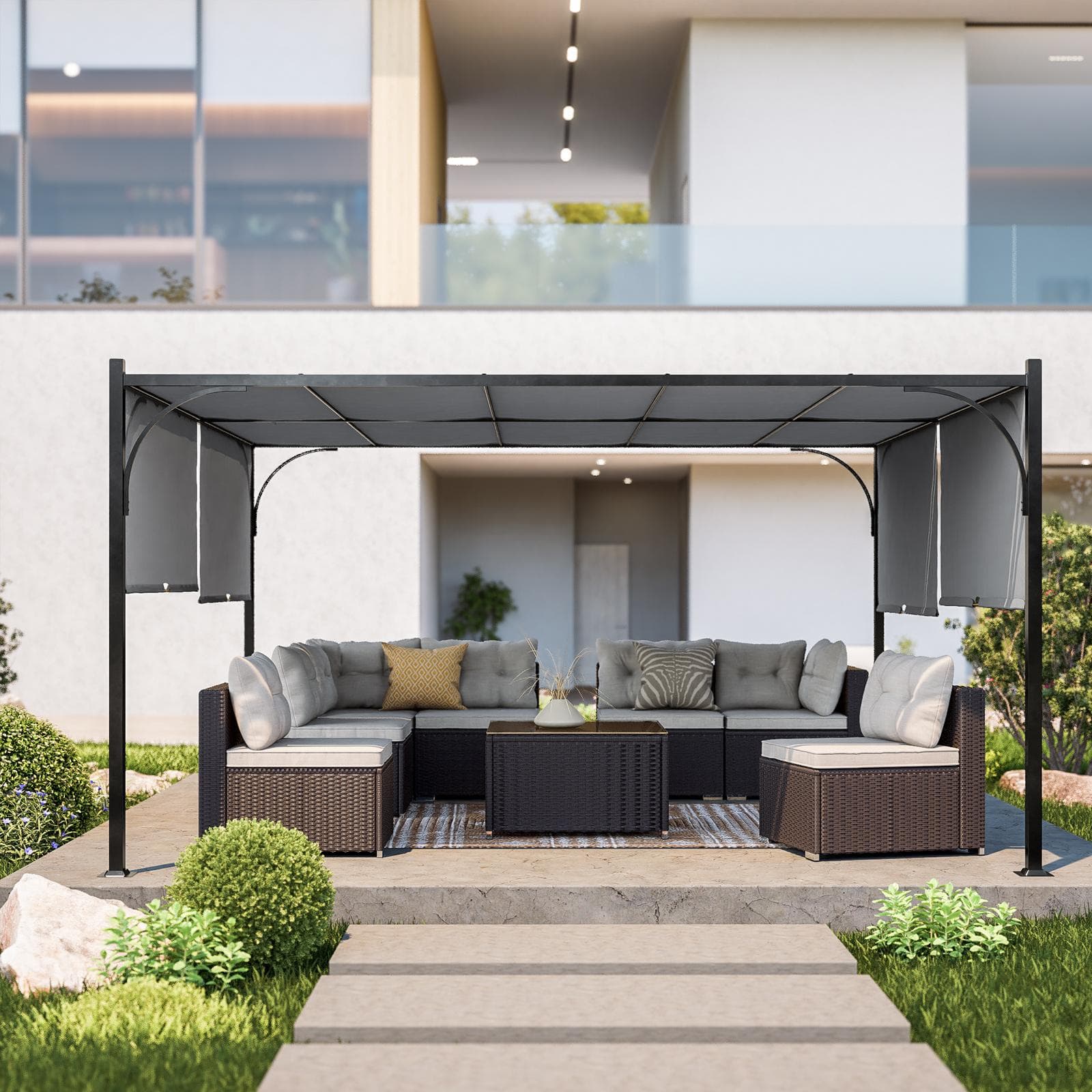 Gazebo 4x4 m con tetto scorrevole grigio e struttura antracite - Edvige