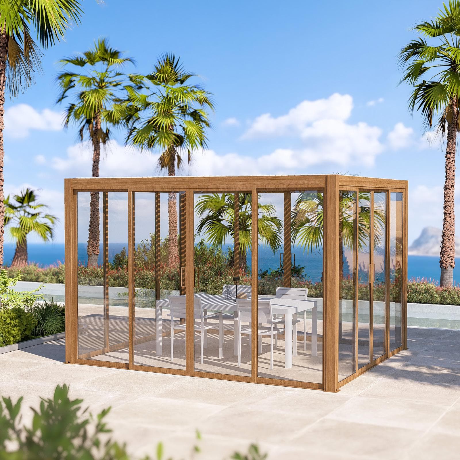 Gazebo bioclimatico 3x3,6 m in alluminio effetto legno - Enea Wood