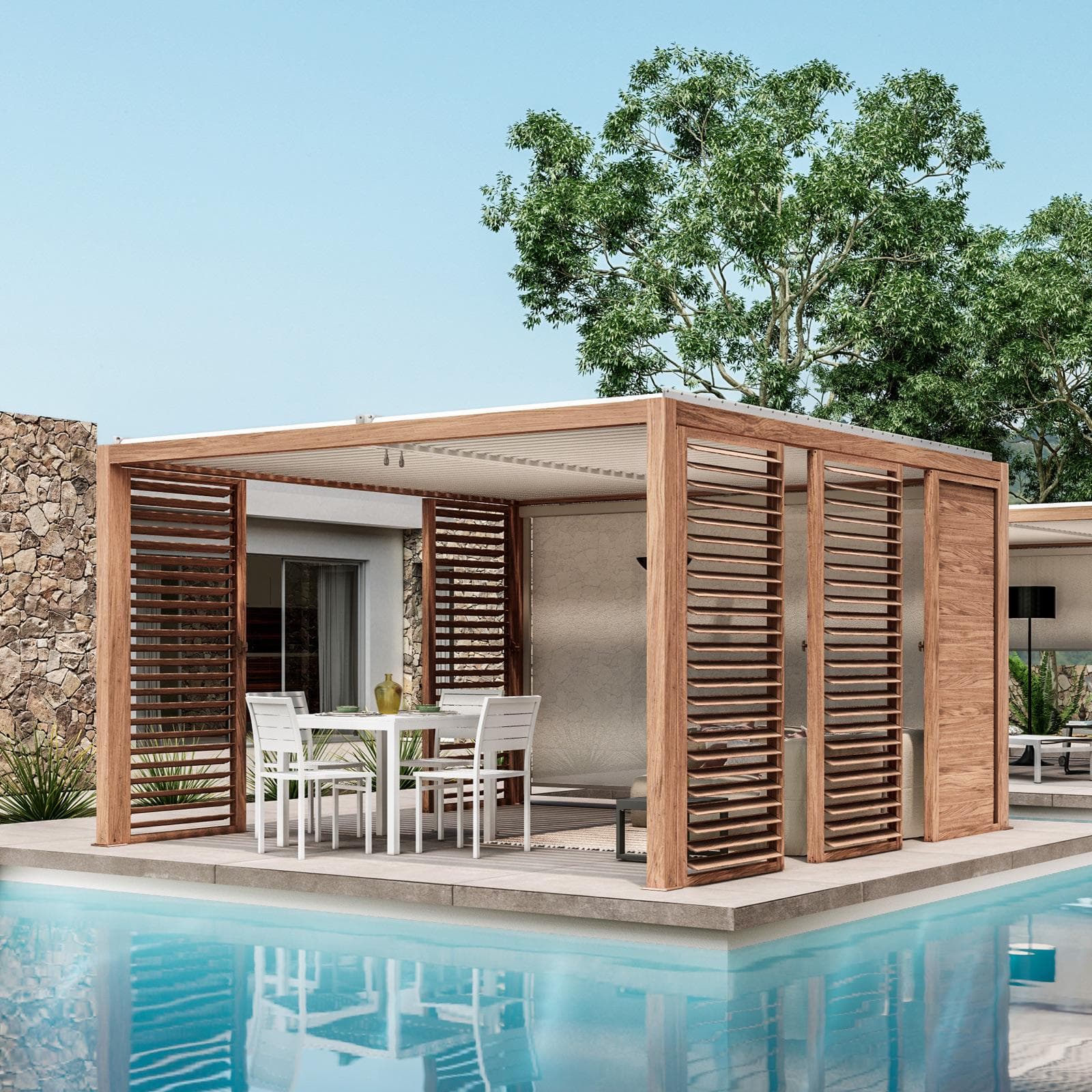 Gazebo bioclimatico 4x4 m in alluminio effetto legno - Enea Wood