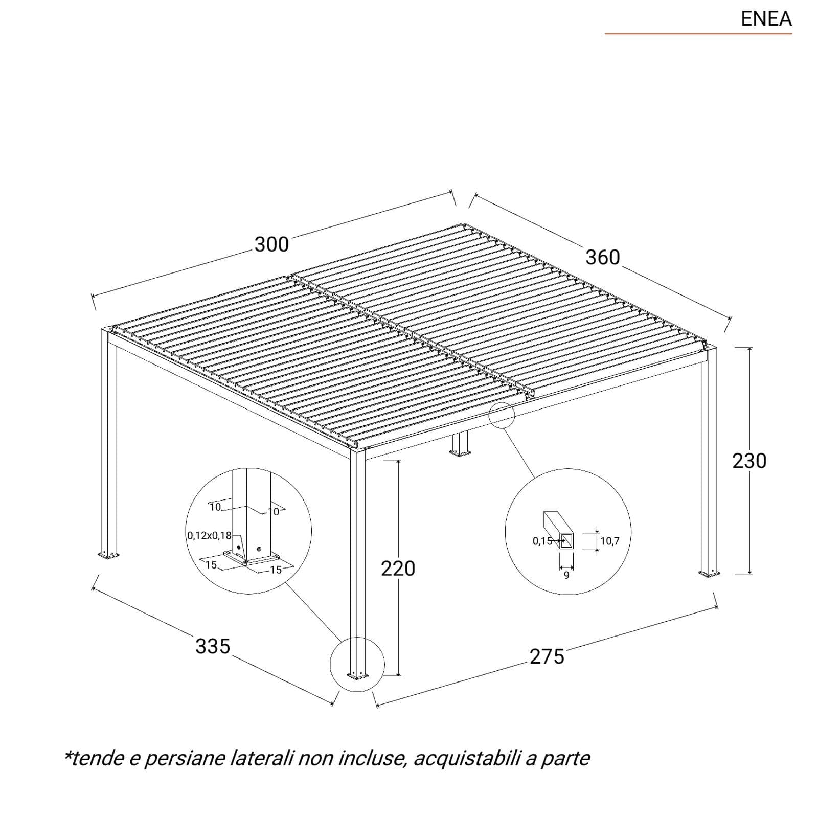 Gazebo bioclimatico 3x3,6 m in alluminio tortora - Enea