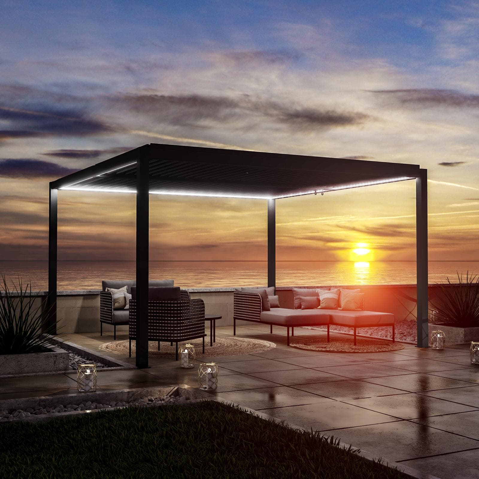 Gazebo led bioclimatico 4x4 m in alluminio antracite - Enea Deluxe