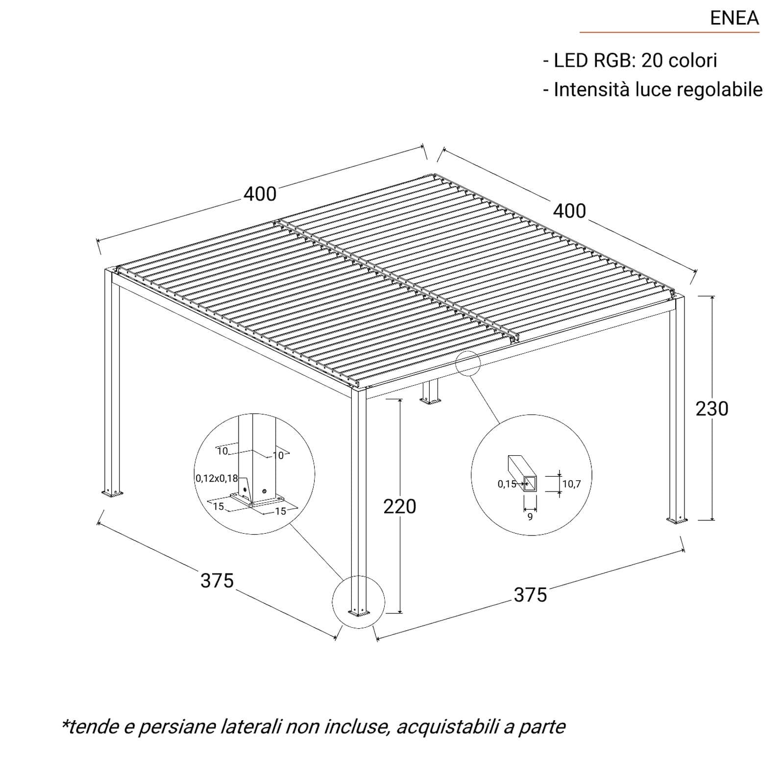 Gazebo led bioclimatico 4x4 m in alluminio antracite - Enea Deluxe