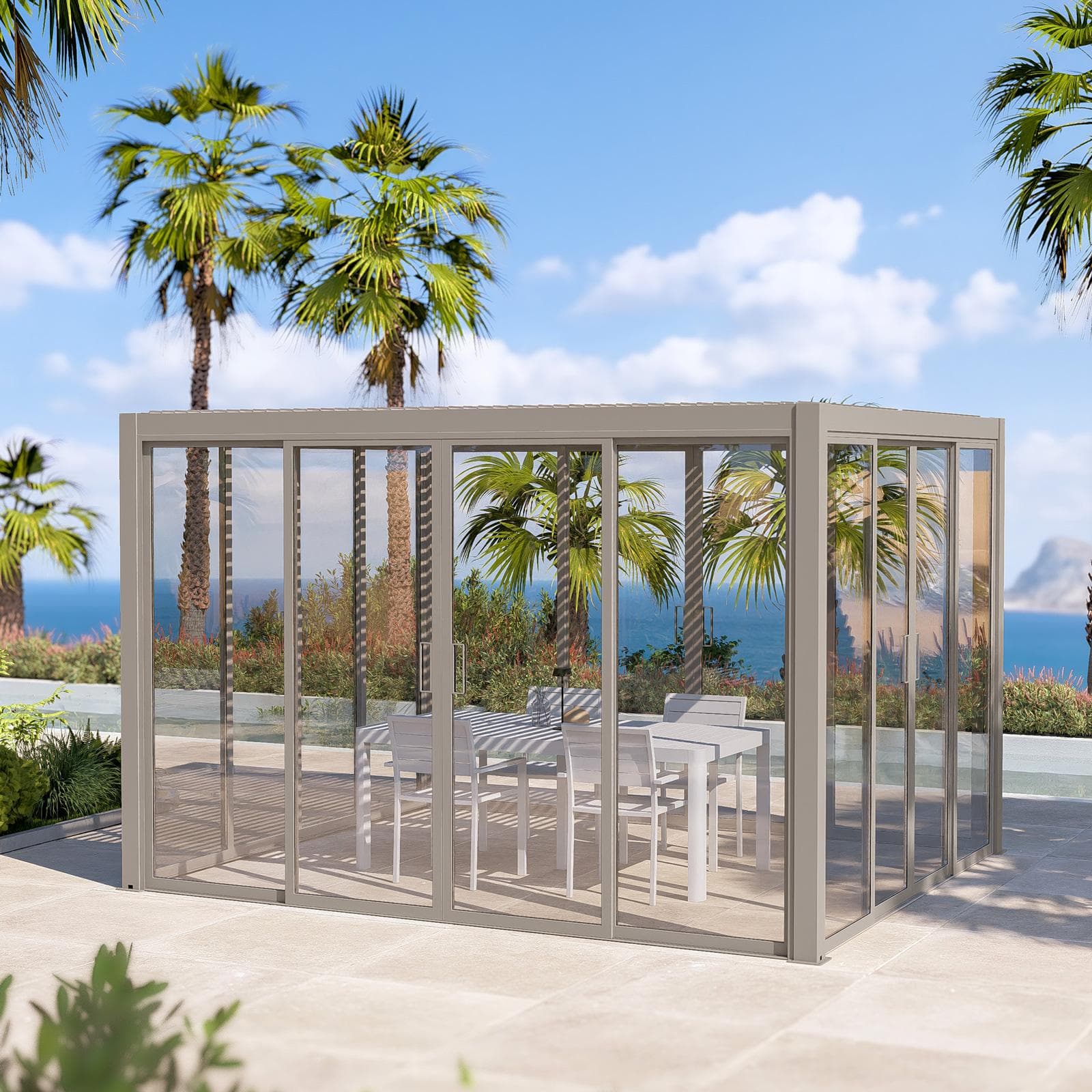 Gazebo led bioclimatico 4x4 m in alluminio tortora - Enea Deluxe
