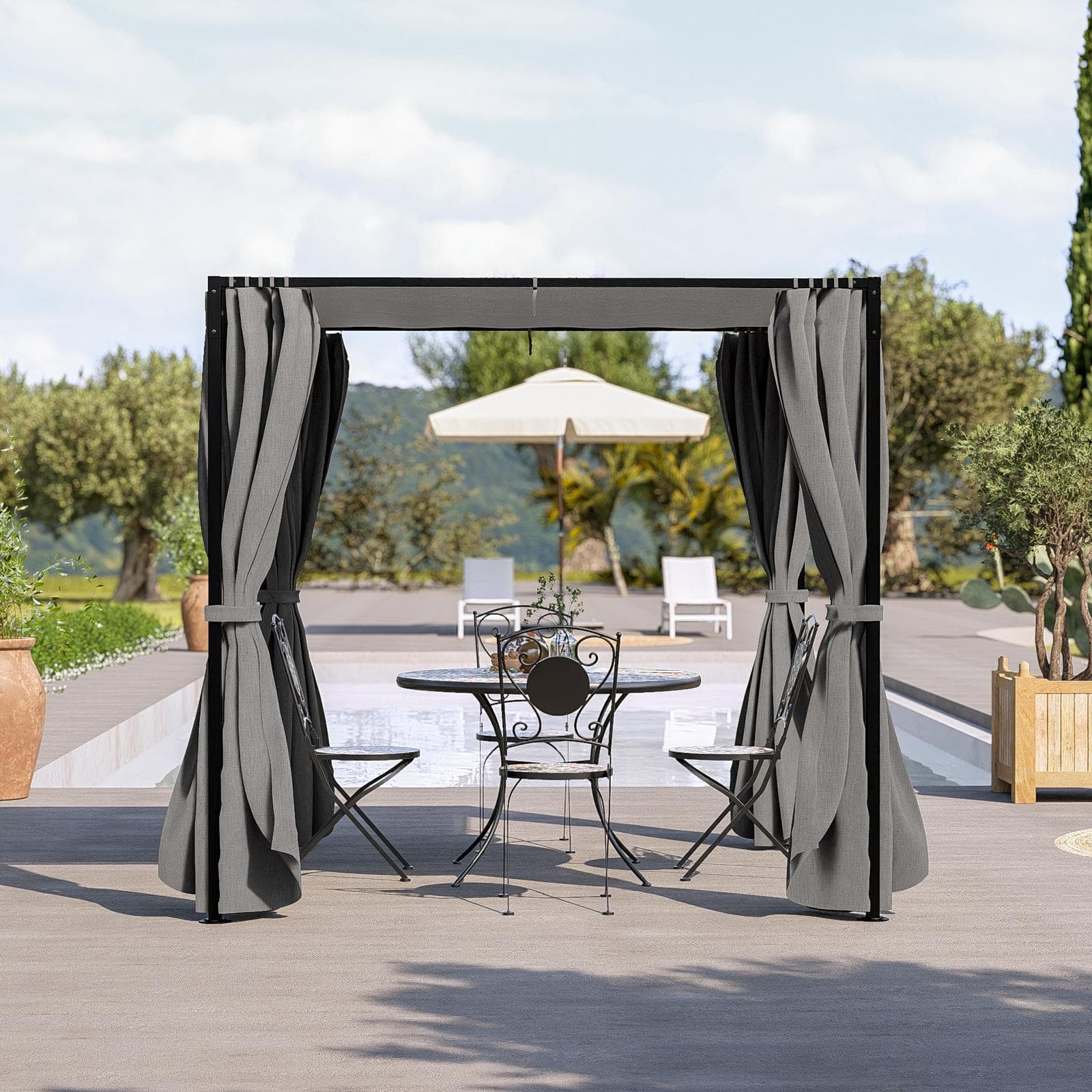 Gazebo 2,15x2,15 m in acciaio con telo grigio e tende laterali - Alicudi