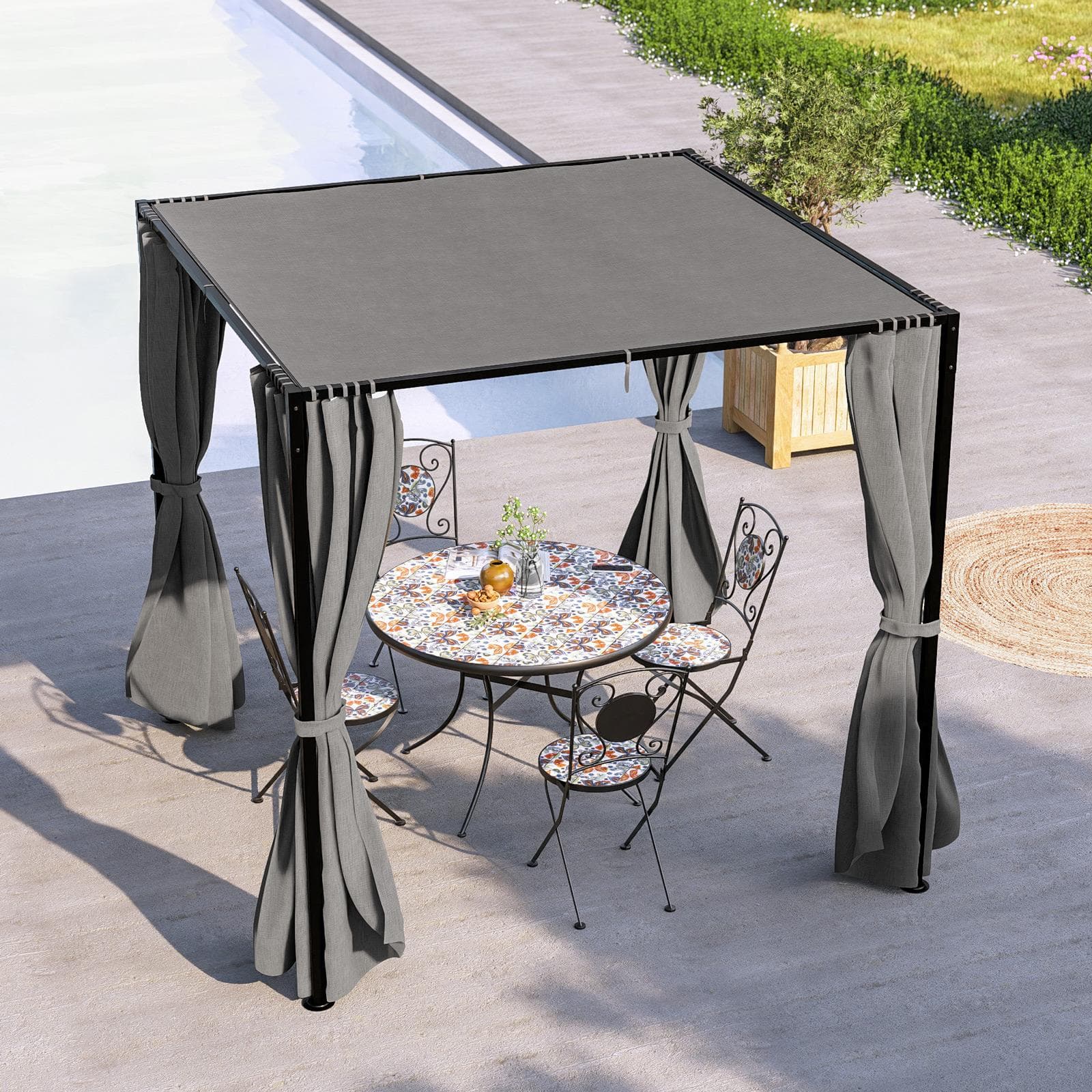 Gazebo 2,15x2,15 m in acciaio con telo grigio e tende laterali - Alicudi
