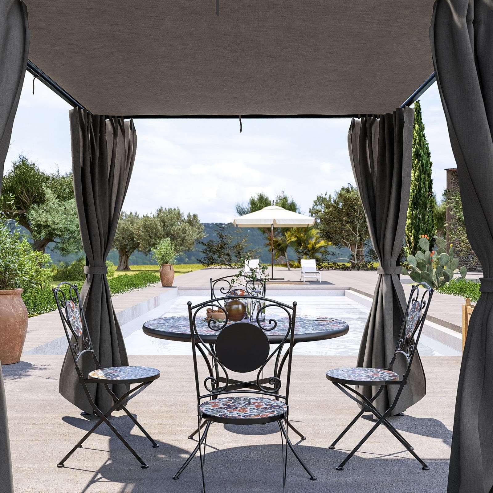 Gazebo 2,15x2,15 m in acciaio con telo grigio e tende laterali - Alicudi