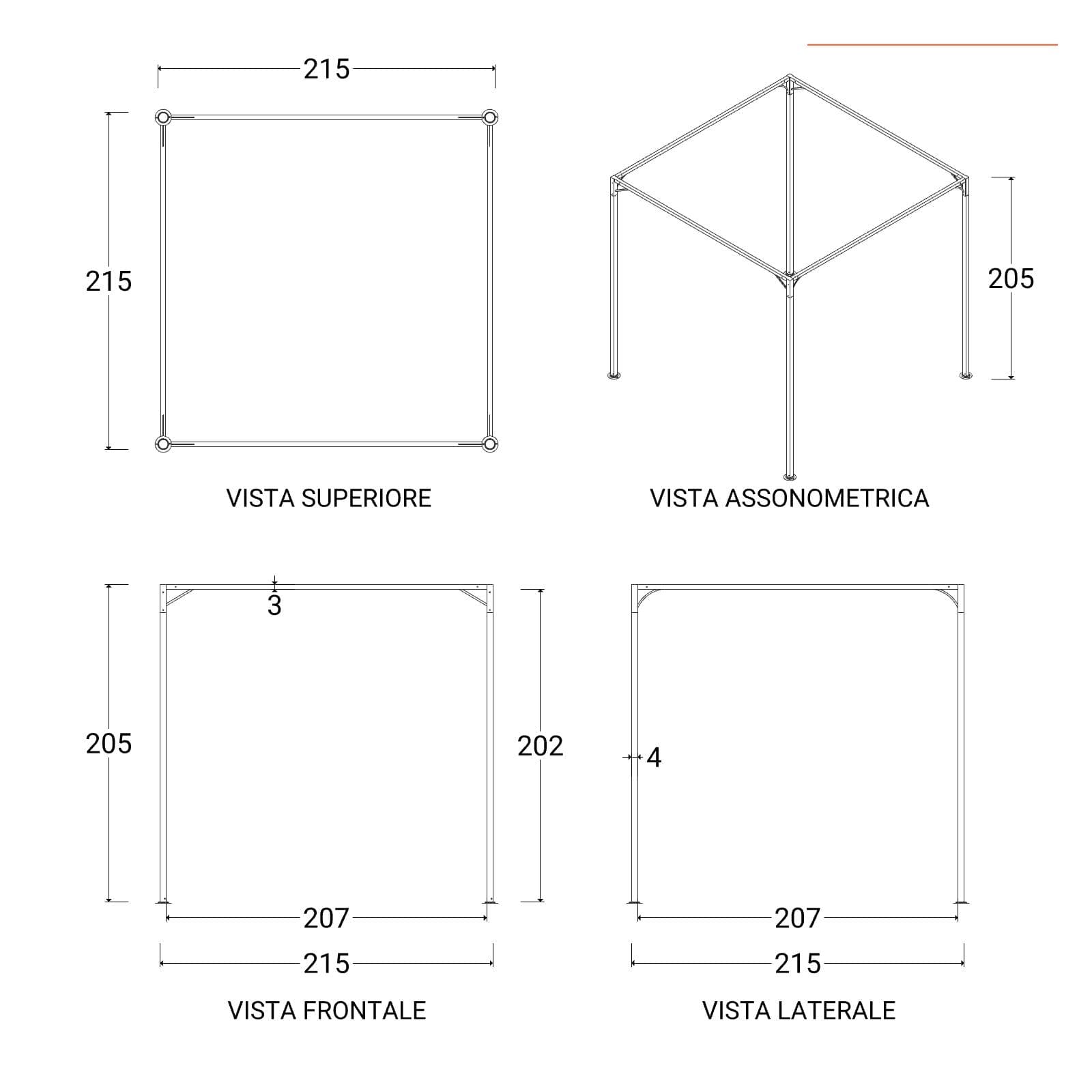 Gazebo 2,15x2,15 m in acciaio con telo grigio e tende laterali - Alicudi
