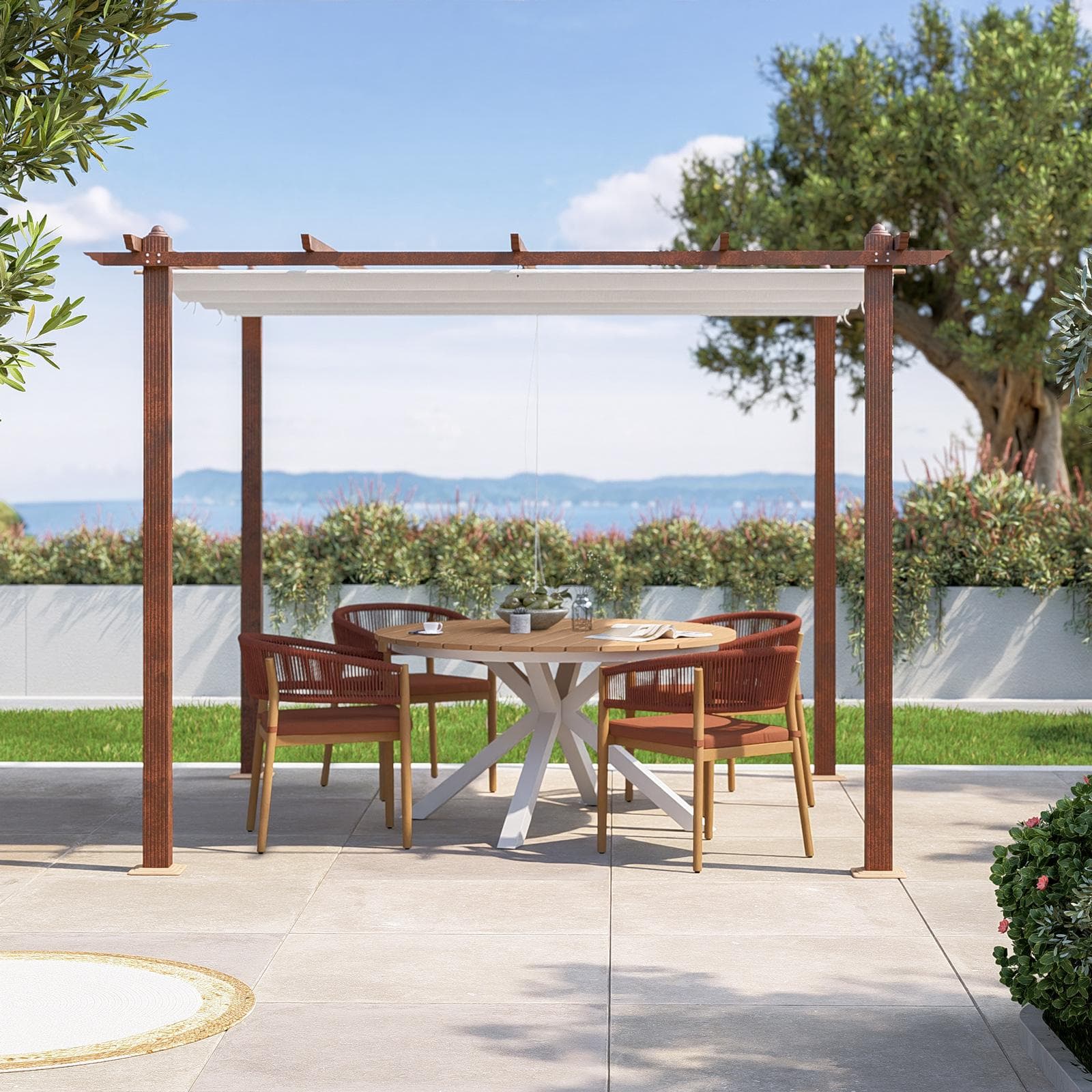 Gazebo da esterno 3x3 m in alluminio effetto corten e telo bianco - Norris