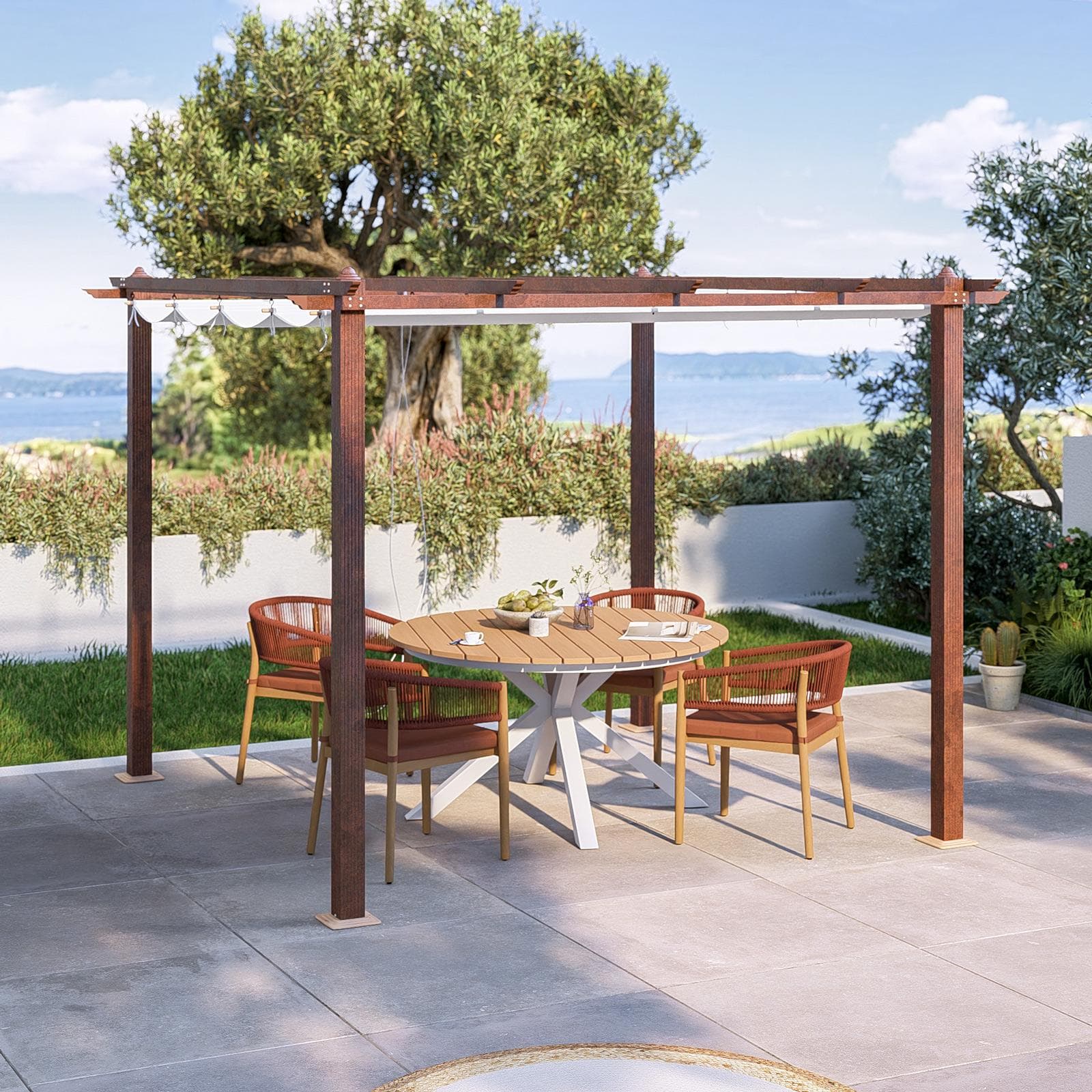 Gazebo da esterno 3x3 m in alluminio effetto corten e telo bianco - Norris
