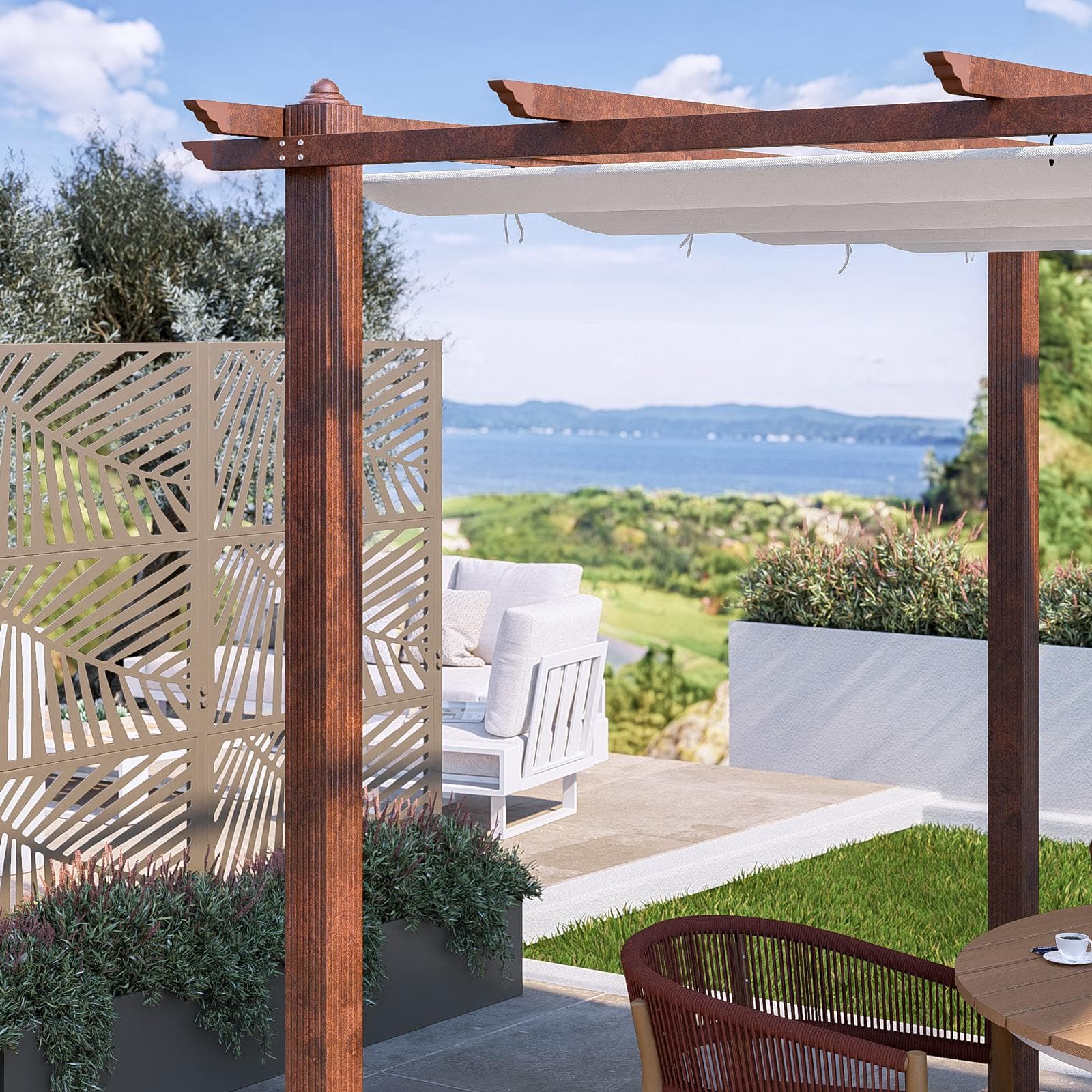 Gazebo da esterno 3x3 m in alluminio effetto corten e telo bianco - Norris