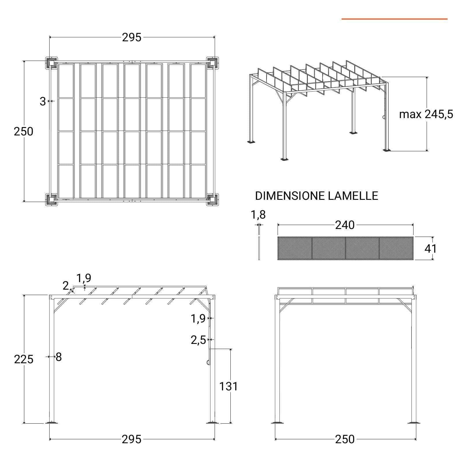 Gazebo 2,95x2,5 m in acciaio nero con tetto a lamelle mobili - Filicudi