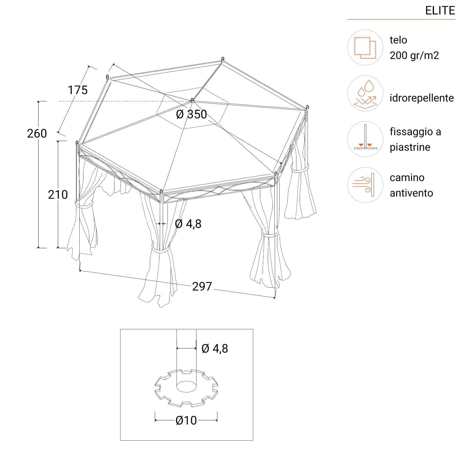 Gazebo esagonale 3,5 m con tende e zanzariere - Elite
