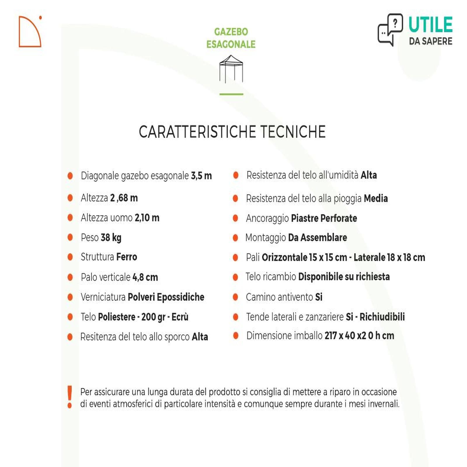 Gazebo esagonale 3,5 m con tende e zanzariere - Elite
