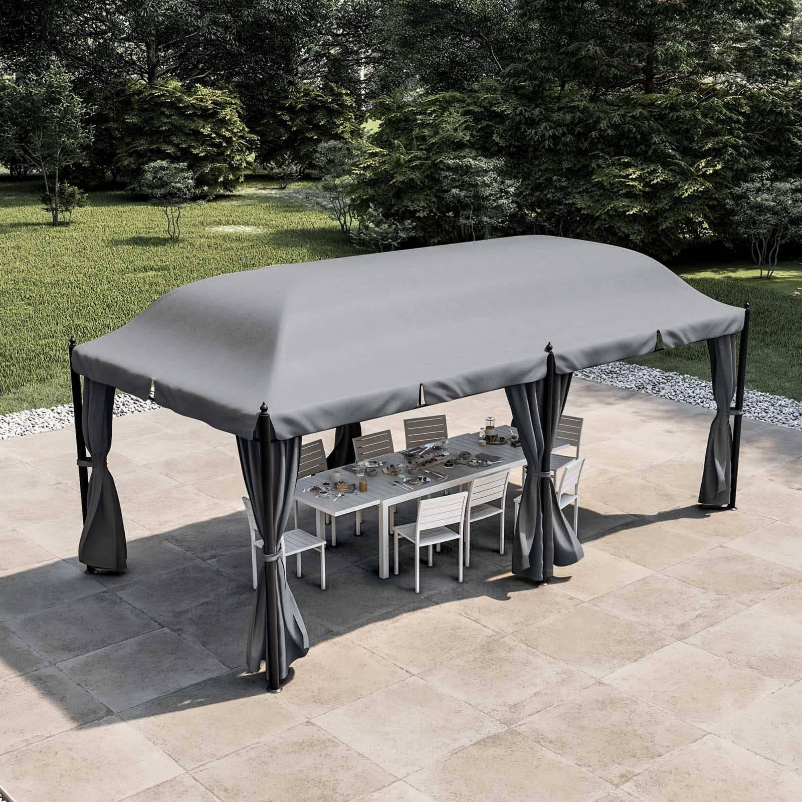 Gazebo 5,9x3 m telo grigio con tende e zanzariere in acciaio antracite - Tindari